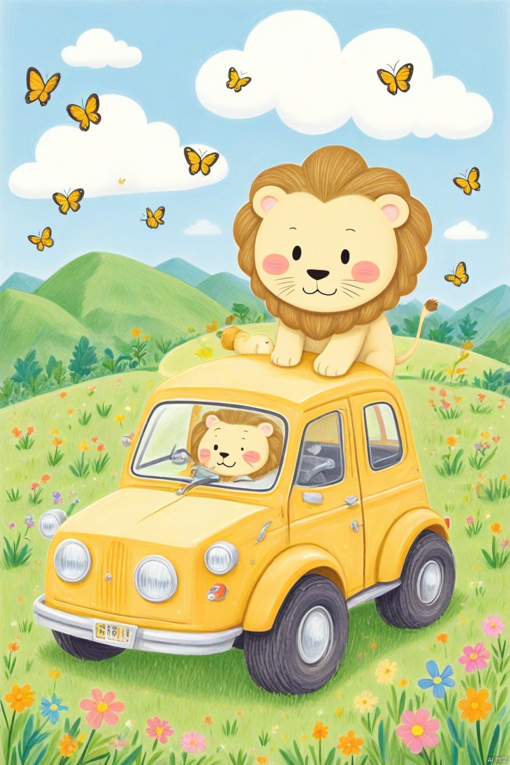 solo, looking at viewer, flower, outdoors, sky, day, cloud, blue sky, no humans, :3, blush stickers, grass, bug, ground vehicle, butterfly, motor vehicle, car, lion
