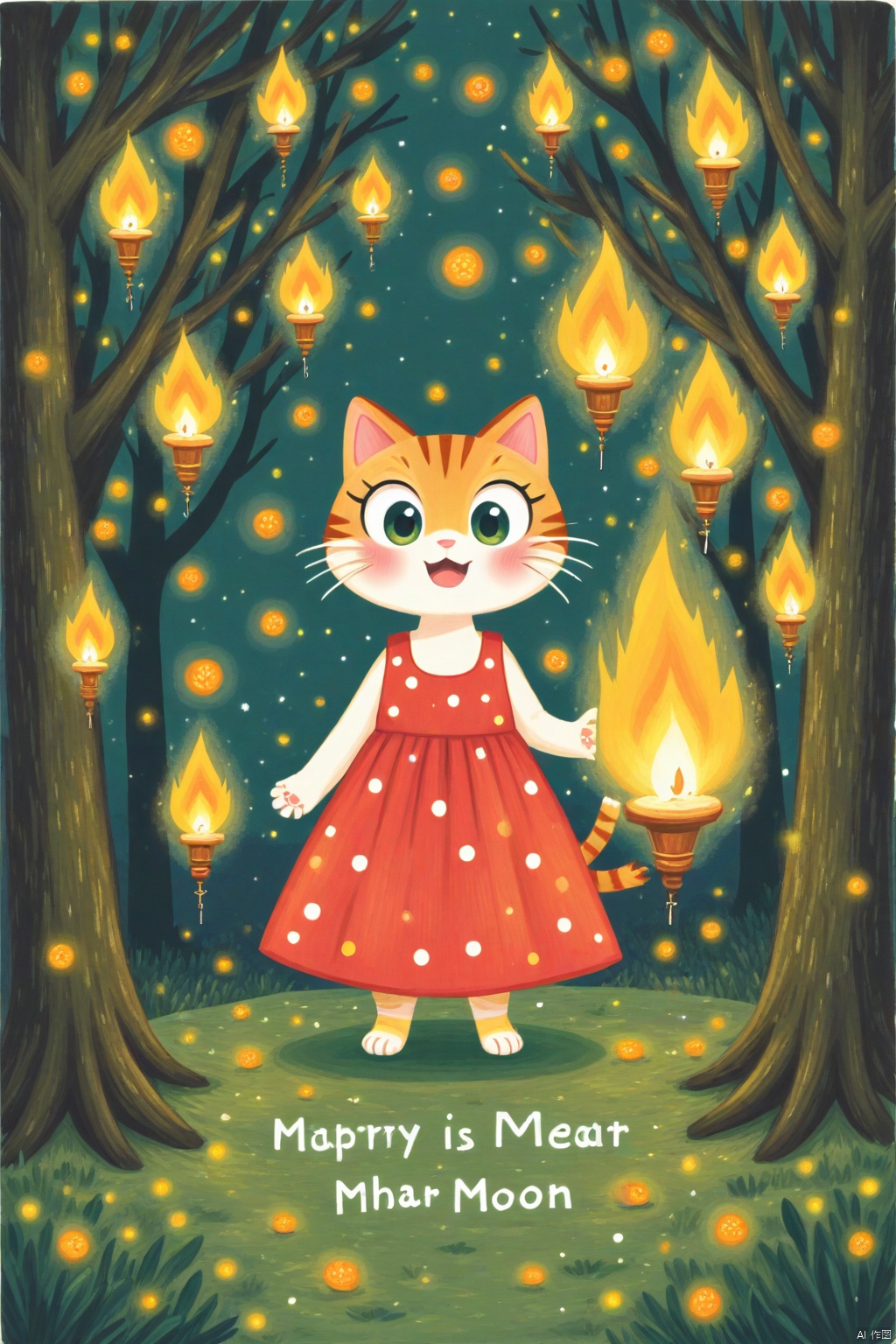 An animated image of a cat in a red dress with yellow polka dots. The cat is standing in front of a tree with a moon in the background. There are three candles burning on the ground in the bottom left corner of the image. There is another candle on the bottom right corner that is lit up. The background is a dark green with a few leaves on it. Above the cat, there is a text that reads "Children's picture books".