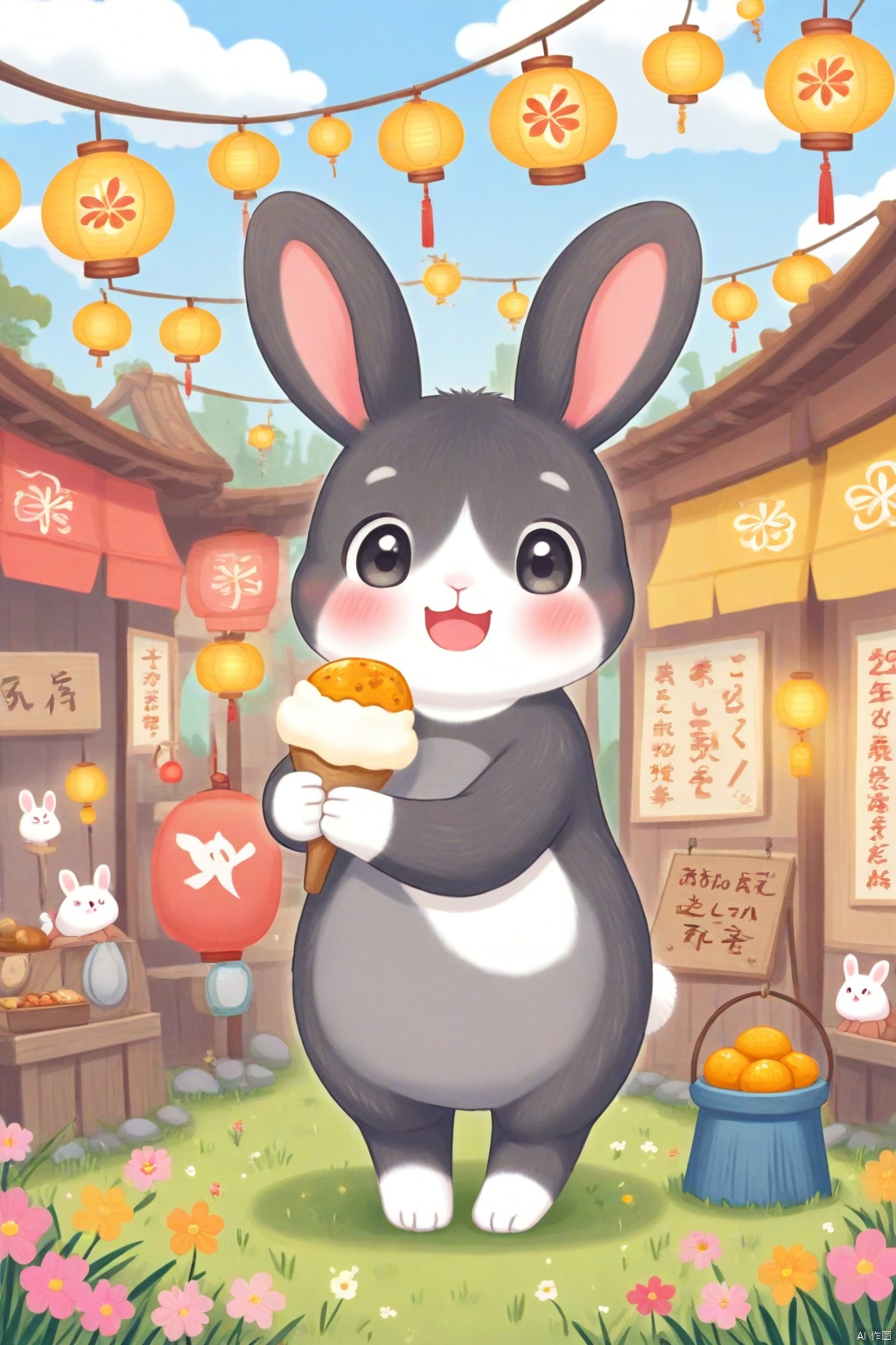 1girl, solo, looking at viewer, blush, smile, open mouth, holding, animal ears, standing, flower, outdoors, food, sky, day, cloud, black eyes, blue sky, no humans, grass, holding food, rabbit, lantern, sign