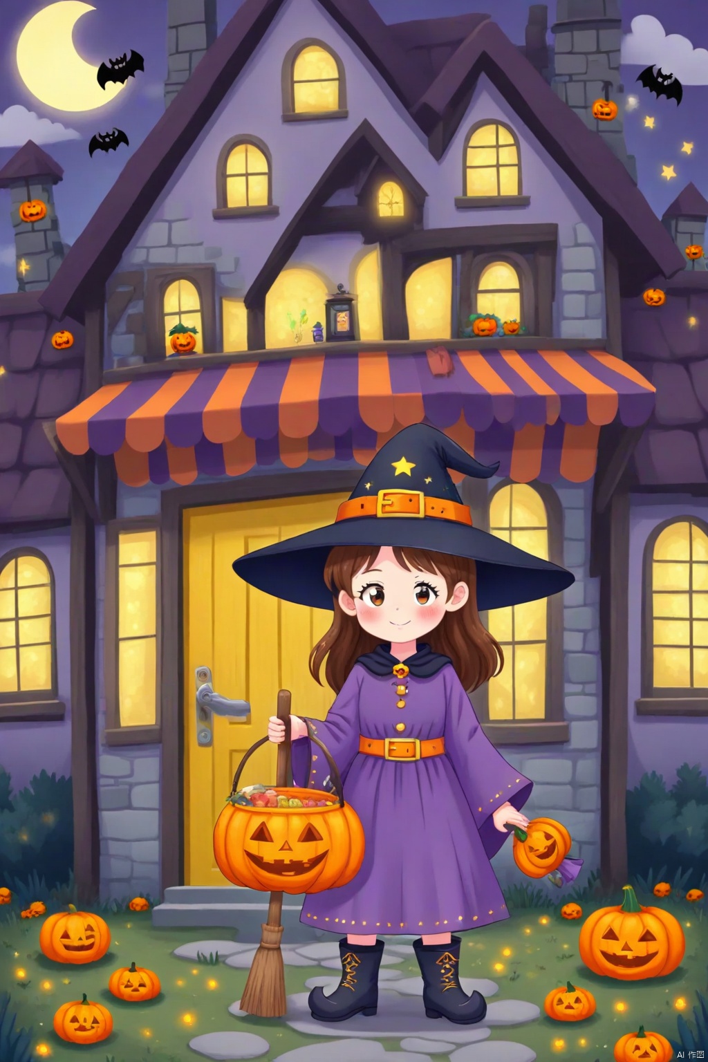 A cartoon image of a witch standing in front of a Halloween house. The witch is wearing a purple dress and a black hat with a yellow belt. She is holding a broomstick in her right hand. The house is gray with a red striped awning over it. There is a yellow door on the front of the house. There are pumpkins on the ground around the witch.