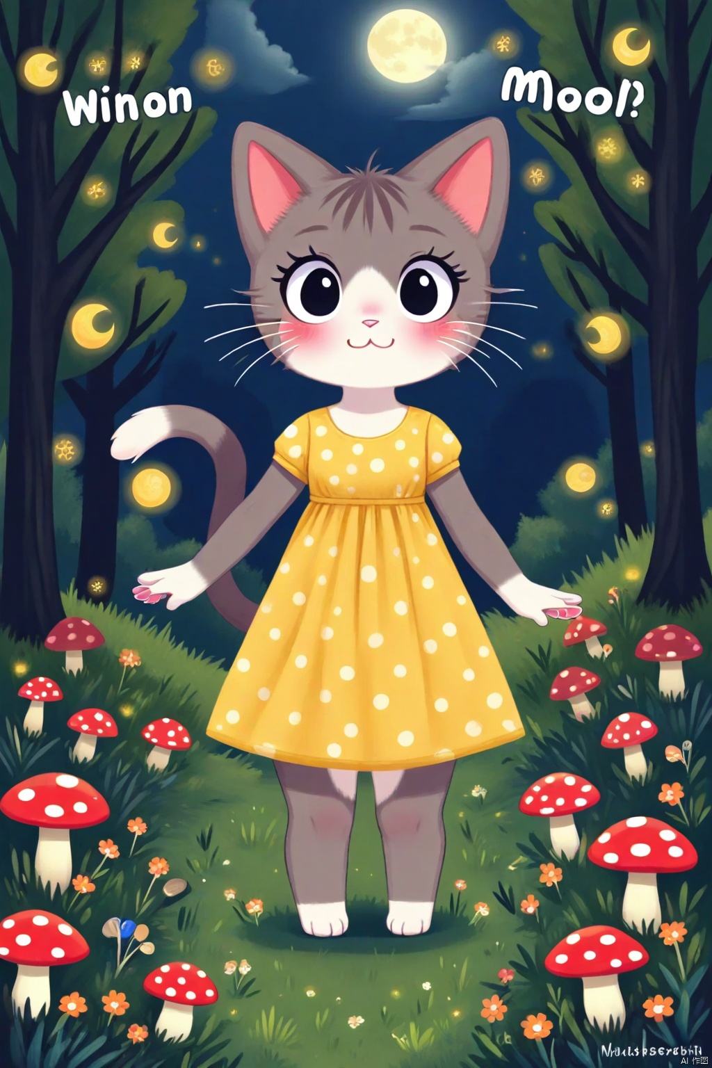 1girl, solo, looking at viewer, blush, dress, animal ears, standing, tail, flower, outdoors, artist name, cat ears, black eyes, english text, tree, cat tail, :3, night, moon, cat, grass, polka dot, furry, furry female, yellow dress, mushroom, whiskers, polka dot dress