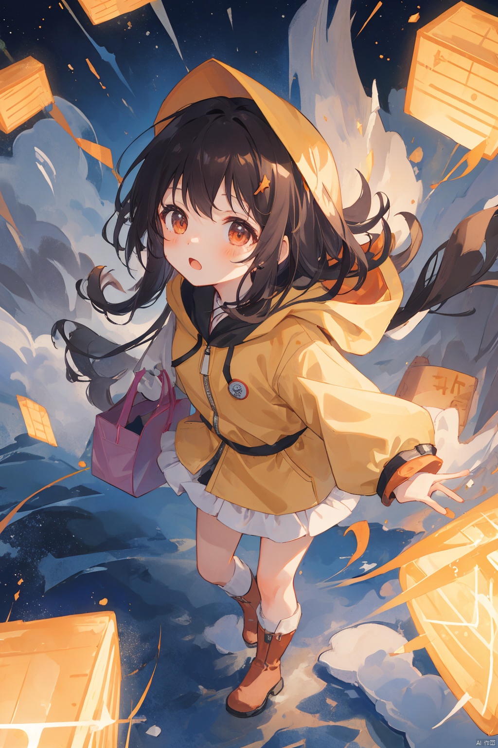 chahuashouhui,Illustration, a cute little girl looking up at the stars, brown zipped hair, wearing a yellow hooded coat, red boots, holding a clear glowing plastic bag filled with glowing stars, the stars jump out of the bag and fly into the night sky, the light of the stars illuminates the surrounding environment, starry cosmic background, textures, colored lead illustrations, crayon illustrations,