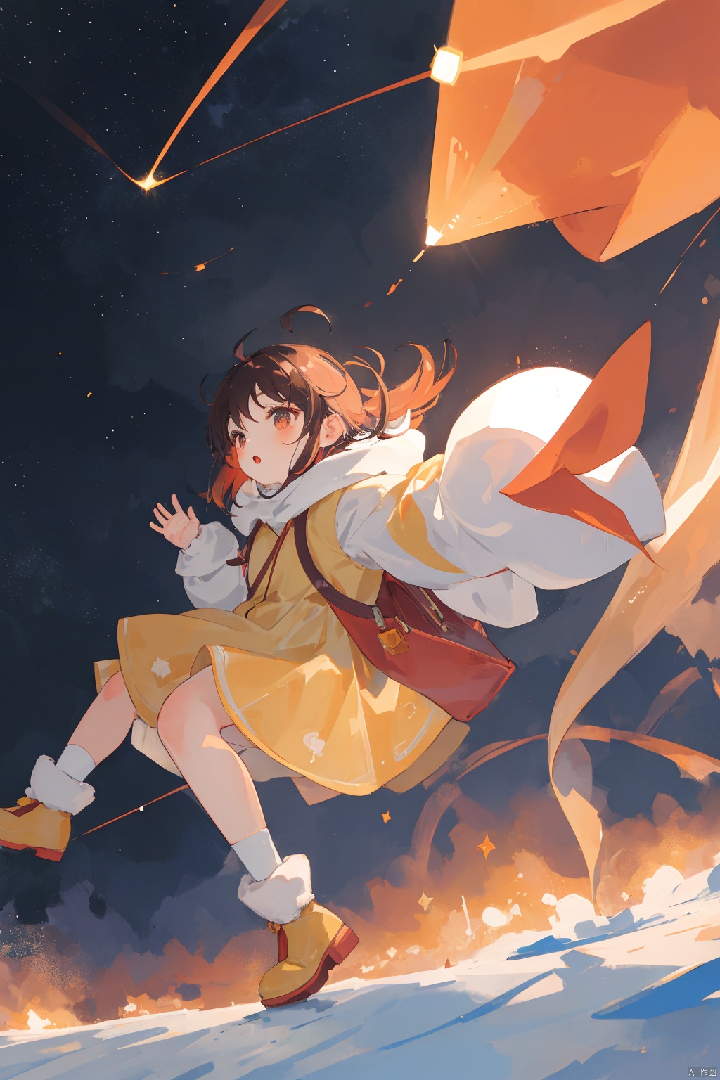 chahuashouhui,Illustration, a cute little girl looking up at the stars, brown zipped hair, wearing a yellow hooded coat, red boots, holding a clear glowing plastic bag filled with glowing stars, the stars jump out of the bag and fly into the night sky, the light of the stars illuminates the surrounding environment, starry cosmic background, textures, colored lead illustrations, crayon illustrations,