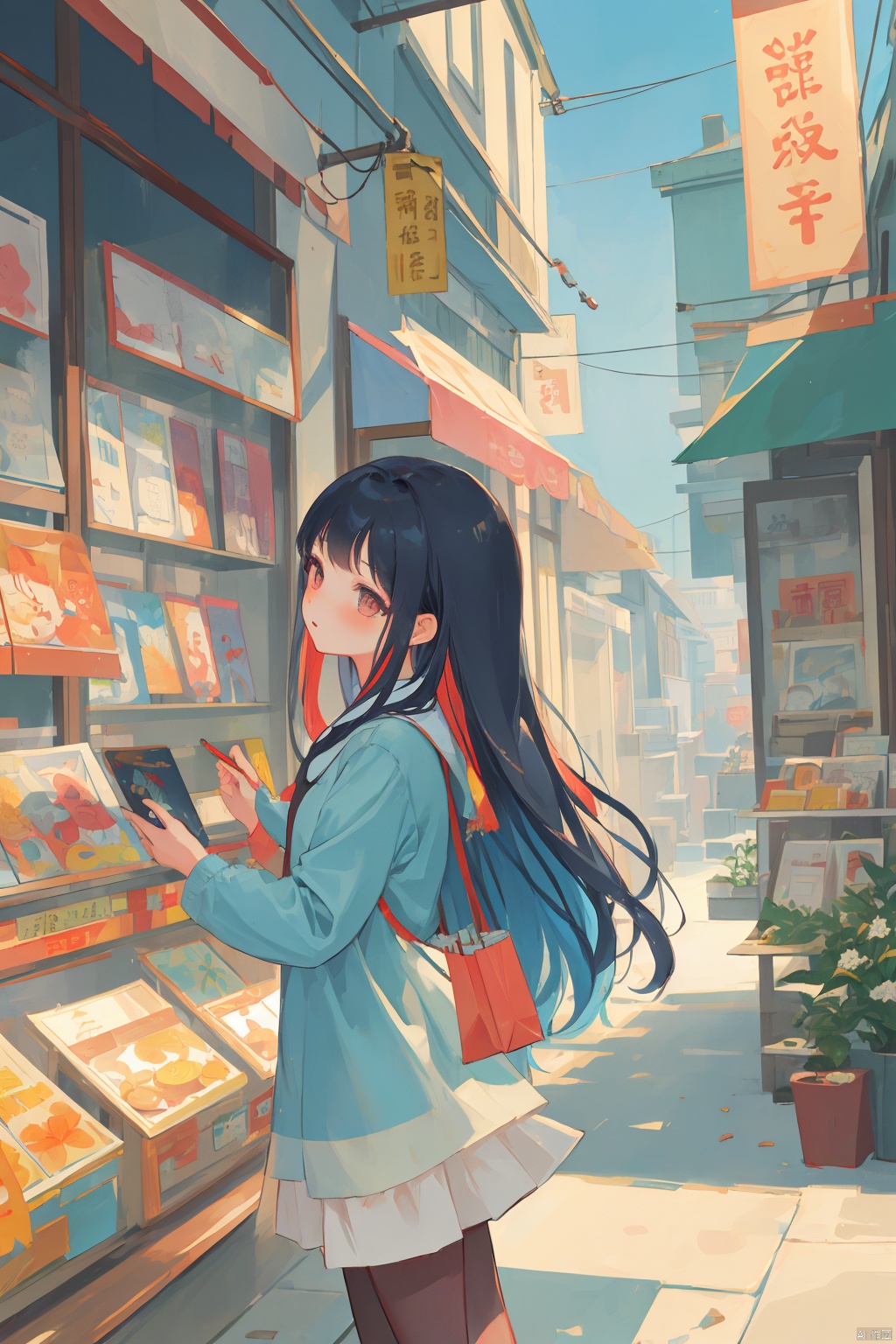 chahuashouhui,Picture book illustration style,Picture book illustration style,Bright color,light texture,A girl,young,beautiful,long hair,stylish,is shopping.,