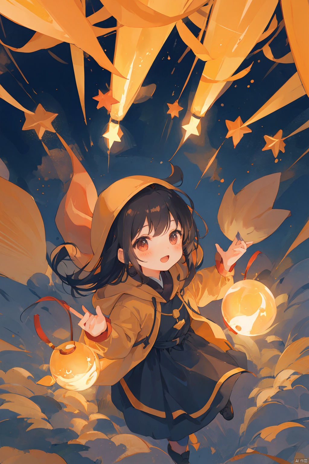 chahuashouhui,Illustration, a cute little girl looking up at the stars, brown zipped hair, wearing a yellow hooded coat, red boots, holding a clear glowing plastic bag filled with glowing stars, the stars jump out of the bag and fly into the night sky, the light of the stars illuminates the surrounding environment, starry cosmic background, textures, colored lead illustrations, crayon illustrations,