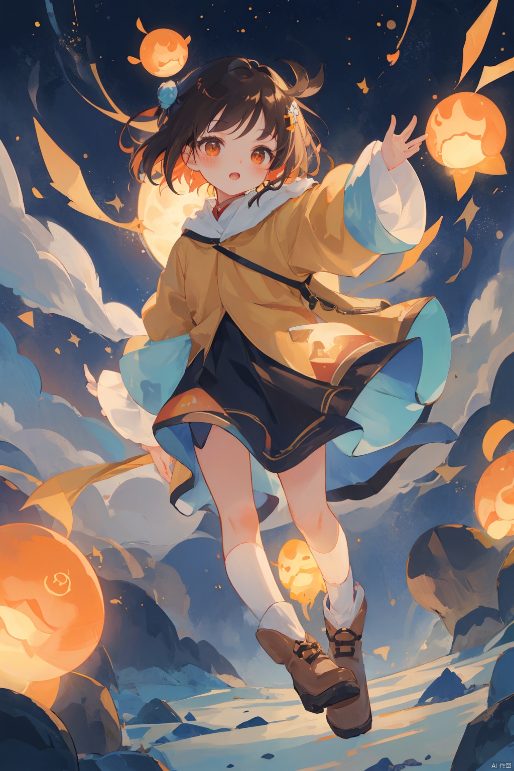 chahuashouhui,Illustration, a cute little girl looking up at the stars, brown zipped hair, wearing a yellow hooded coat, red boots, holding a clear glowing plastic bag filled with glowing stars, the stars jump out of the bag and fly into the night sky, the light of the stars illuminates the surrounding environment, starry cosmic background, textures, colored lead illustrations, crayon illustrations,