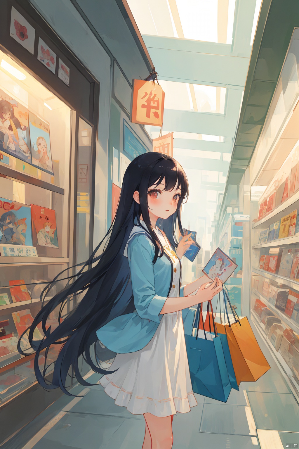 chahuashouhui,Picture book illustration style,Picture book illustration style,Bright color,light texture,A girl,young,beautiful,long hair,stylish,is shopping.,