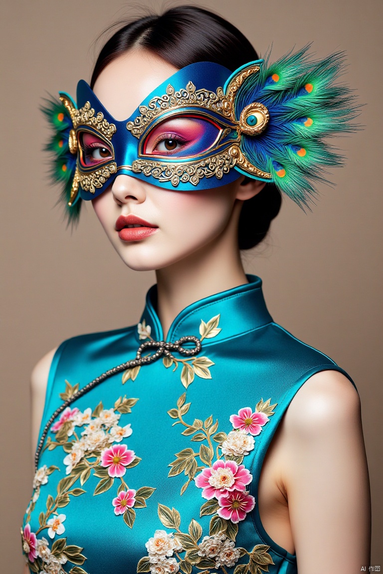 1girl,cheongsam,,eye mask,Peacock