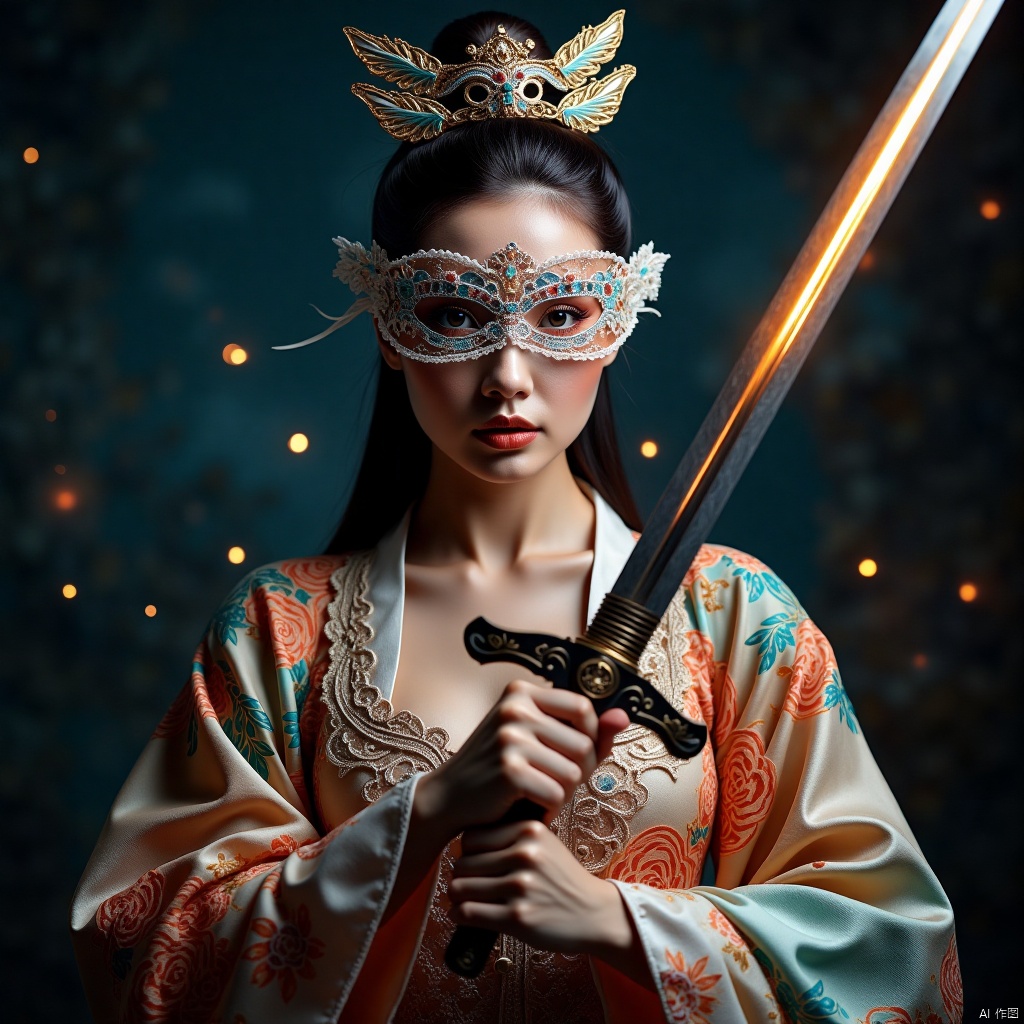 Ancient beautiful woman holding a sword,full body,Glowing swords,movie effects,amazing epic ancient Chinese theme,l,high quality,lace_mask
