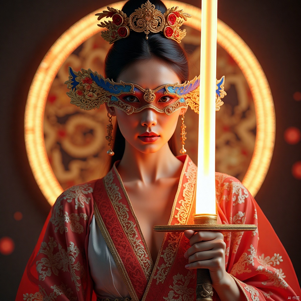 JQZX,Ancient beautiful woman holding a sword,full body,Glowing swords,movie effects,amazing epic ancient Chinese theme,surrounded by halo,in the style of influenced by ancient chinese art,Fantasy style martial arts style traditional techniques reimagined,ultra high definition,high detail,high quality,lace_mask