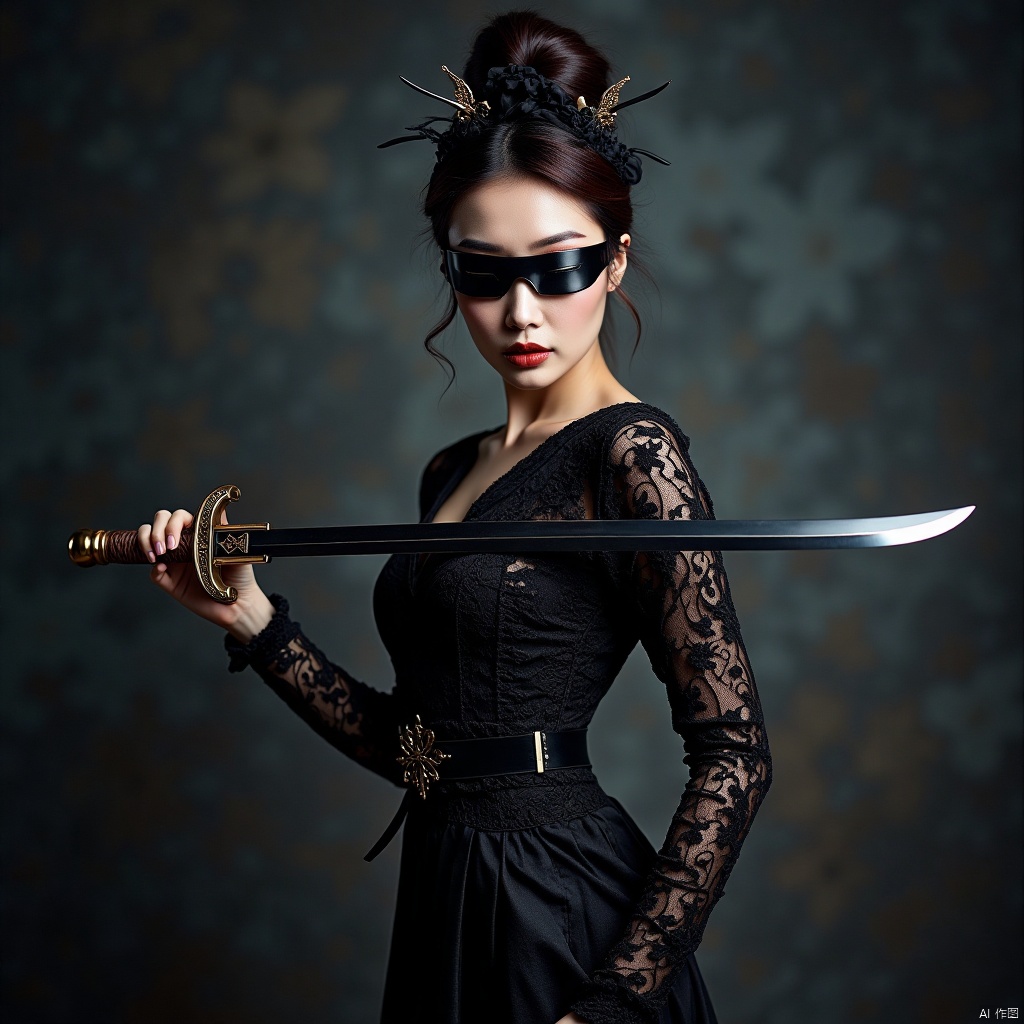 Ancient beautiful woman holding a sword,full body,Glowing swords,movie effects,amazing epic ancient Chinese theme,l,high quality,black lace_mask _black 