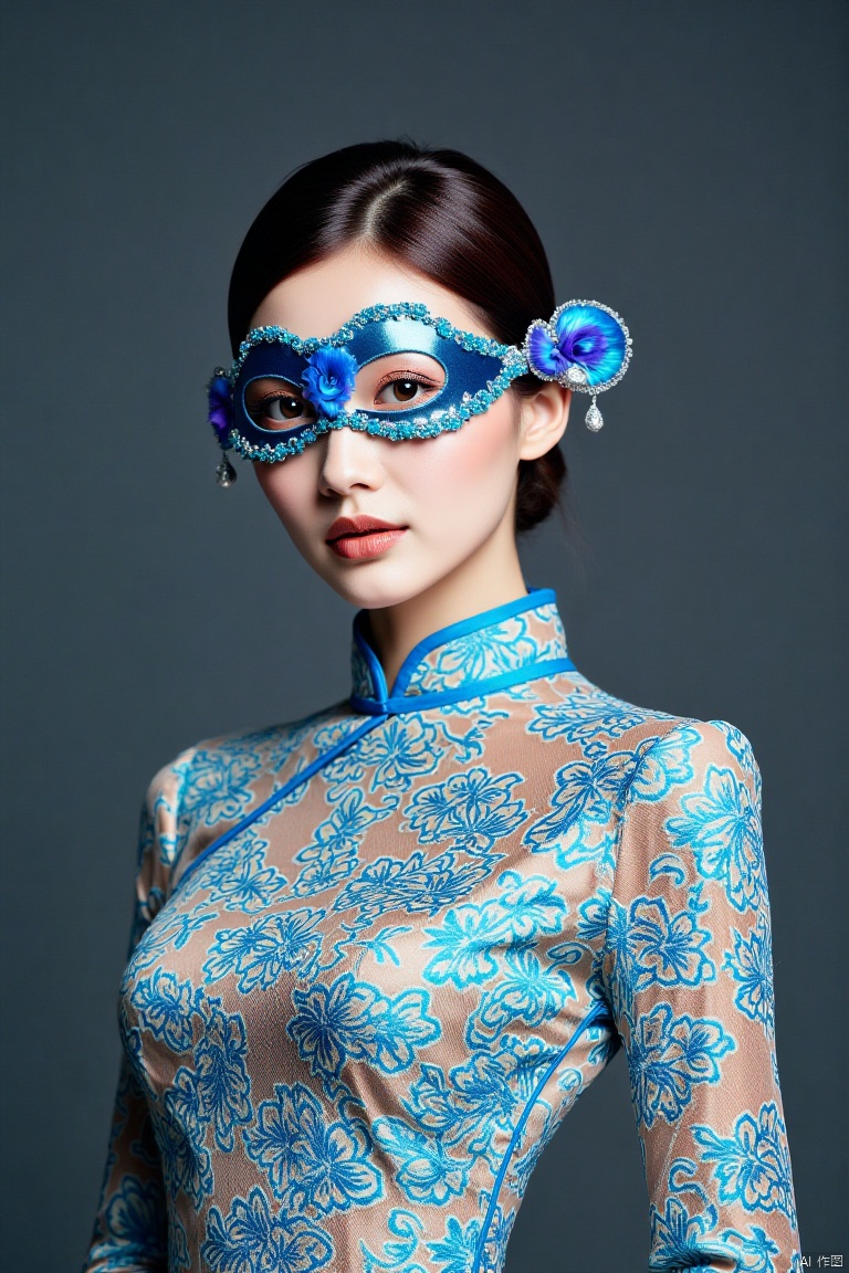 1girl,cheongsam,,eye mask,Peacock