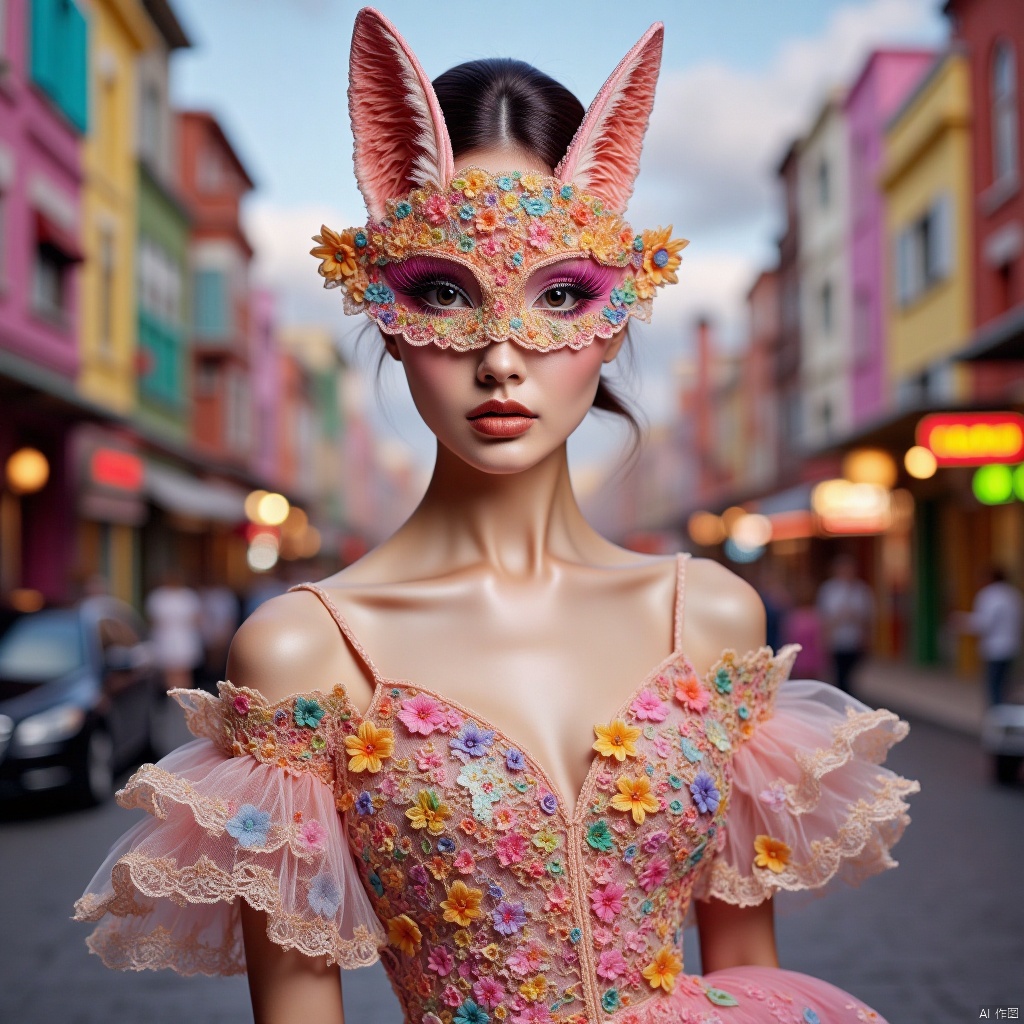 lace_mask,beauty and the beast,cityscape,long dress,长裙