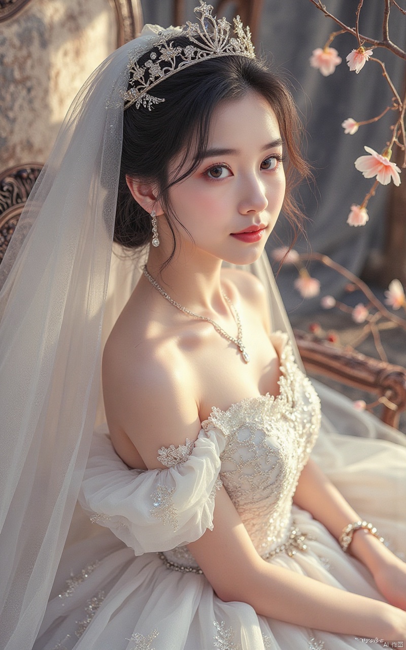 hunsha,1girl,dress,jewelry,solo,black hair,necklace,tiara,wedding dress,white dress,veil,curtains,bracelet,realistic,sitting,flower,bare shoulders,gown,chair,indoors,princess,bride,,Close-up details,outstanding style,adding a touch of dimension to your images without compromising details,whirls of vapour,iridescent textures,(Anime:1.1),ethereal ambiance,delicate details,magical high-concept,32K UHD,sharp focus,best-quality,masterpiece,golden hour,unconventional supreme masterpiece,masterful details,temperate atmosphere,with a high-end texture,in the style of fashion photography,photography,cover,Dynamic Angle,Dynamic posture,(artist:quasarcake:0.8),extreme aesthetic,(wlop:0.6),(honjou raita,lack,rella:0.5, wanke),masterpiece,best quality,good quality,news,very aesthetic,absurdres,Visual impact,A shot with tension,ultra-high resolution,32K UHD,sharp focus,best-quality,masterpiece,Emotionalization,unconventional supreme masterpiece,masterful details,temperate atmosphere,with a high-end texture,in the style of fashion photography,(Visual impact:1.2),giving the poster a dynamic and visually striking appearance,impactful picture,offcial art,colorful,splash of color,movie perspective,masterpiece,best quality,amazing quality,very aesthetic,absurdres,best quality,newest