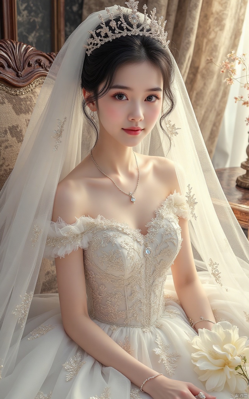hunsha,1girl,dress,jewelry,solo,black hair,necklace,tiara,wedding dress,white dress,veil,curtains,bracelet,realistic,sitting,flower,bare shoulders,gown,chair,indoors,princess,bride,,Close-up details,outstanding style,adding a touch of dimension to your images without compromising details,whirls of vapour,iridescent textures,(Anime:1.1),ethereal ambiance,delicate details,magical high-concept,32K UHD,sharp focus,best-quality,masterpiece,golden hour,unconventional supreme masterpiece,masterful details,temperate atmosphere,with a high-end texture,in the style of fashion photography,photography,cover,Dynamic Angle,Dynamic posture,(artist:quasarcake:0.8),extreme aesthetic,(wlop:0.6),(honjou raita,lack,rella:0.5, wanke),masterpiece,best quality,good quality,news,very aesthetic,absurdres,Visual impact,A shot with tension,ultra-high resolution,32K UHD,sharp focus,best-quality,masterpiece,Emotionalization,unconventional supreme masterpiece,masterful details,temperate atmosphere,with a high-end texture,in the style of fashion photography,(Visual impact:1.2),giving the poster a dynamic and visually striking appearance,impactful picture,offcial art,colorful,splash of color,movie perspective,masterpiece,best quality,amazing quality,very aesthetic,absurdres,best quality,newest