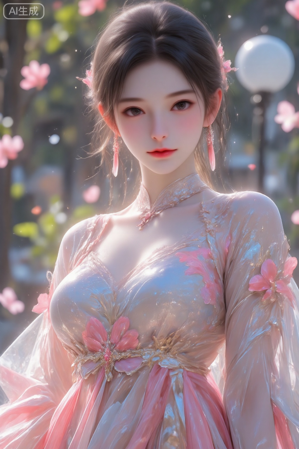 pencilpunk,((caustics:1.3)),(colorful:1.15),(gorgeous light and shadow:1.1),light and shadow,close up,A Chinese beauty dressed in a manzhu sawa flower hanfu,pitiful,stylish and artistic,Fever-Dream,Dark Atmosphere,Zen Atmosphere,16K,hyper quality,((ink)),(water color),bloom effect,detailed beautiful grassland with petal,flower,butterfly,necklace,smile,petal,(((surrounded by heavy floating petal flow))),((moon)),starry sky,(lighting particle),fog,snow,(bloom),