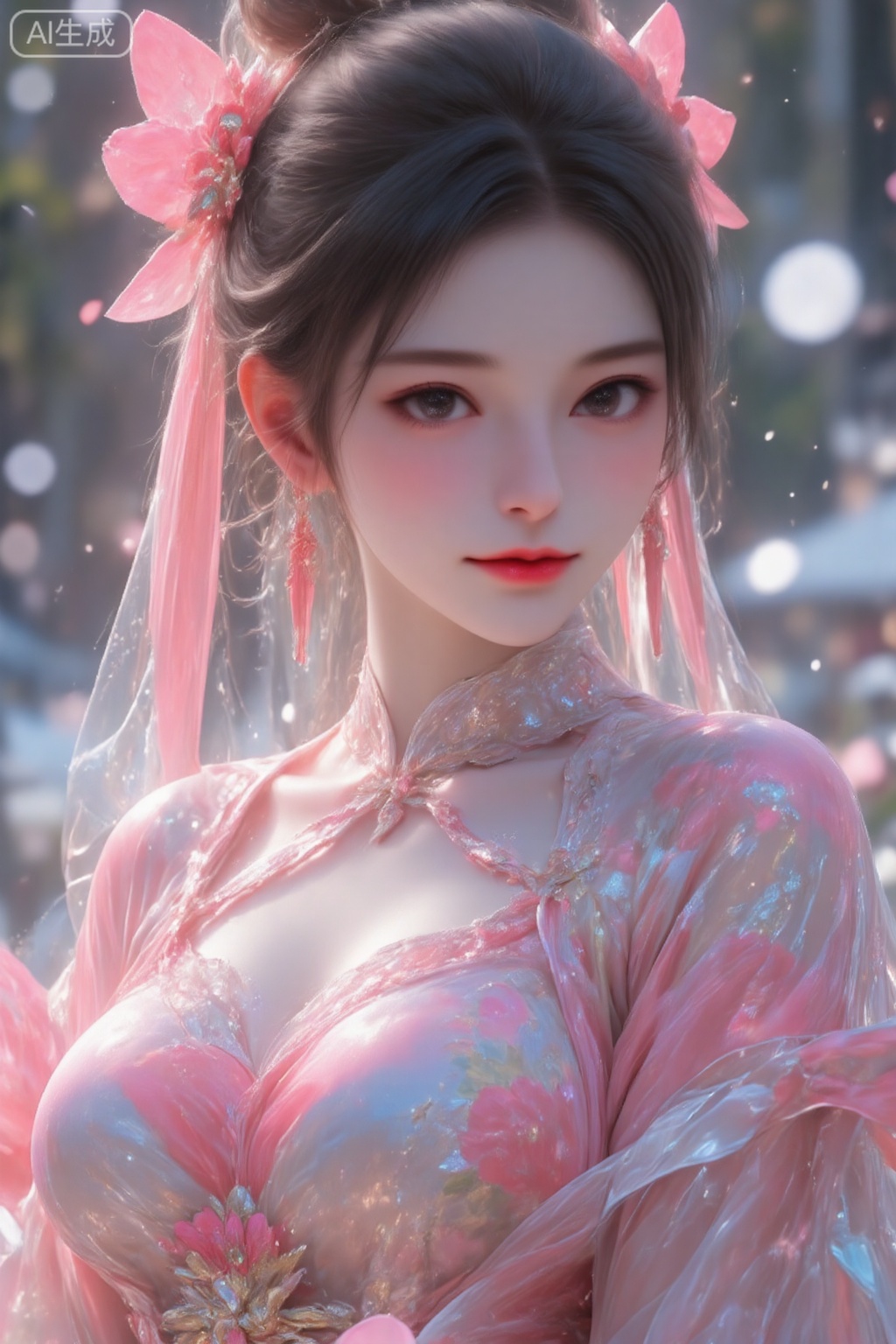 pencilpunk,((caustics:1.3)),(colorful:1.15),(gorgeous light and shadow:1.1),light and shadow,close up,A Chinese beauty dressed in a manzhu sawa flower hanfu,pitiful,stylish and artistic,Fever-Dream,Dark Atmosphere,Zen Atmosphere,16K,hyper quality,((ink)),(water color),bloom effect,detailed beautiful grassland with petal,flower,butterfly,necklace,smile,petal,(((surrounded by heavy floating petal flow))),((moon)),starry sky,(lighting particle),fog,snow,(bloom),