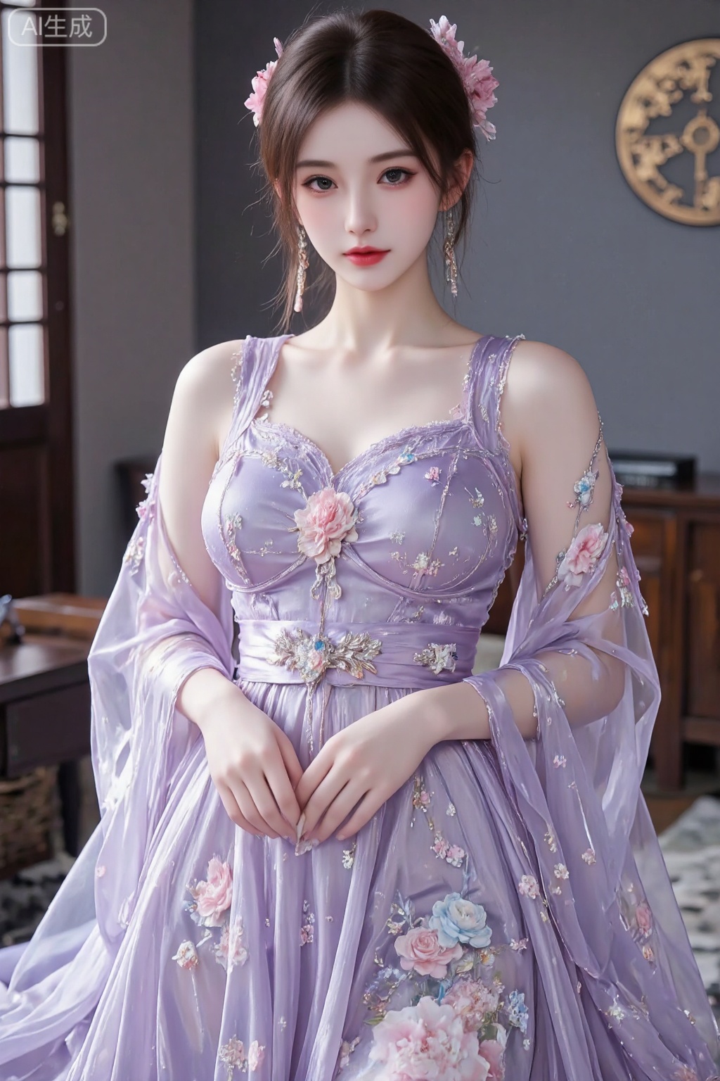 A girl, Beautiful Chinese girl in hanfu, She is dressed in an elaborate purple gown with intricate floral patterns. The dress features sheer sleeves with long, flowing fabric and a matching sheer overlay. Around her waist is a sash, possibly embellished with a flower or gemstone brooch, and the dress has a V-neckline. The overall color palette of the image is dominated by purples and pinks, creating a harmonious and dreamy aesthetic.
