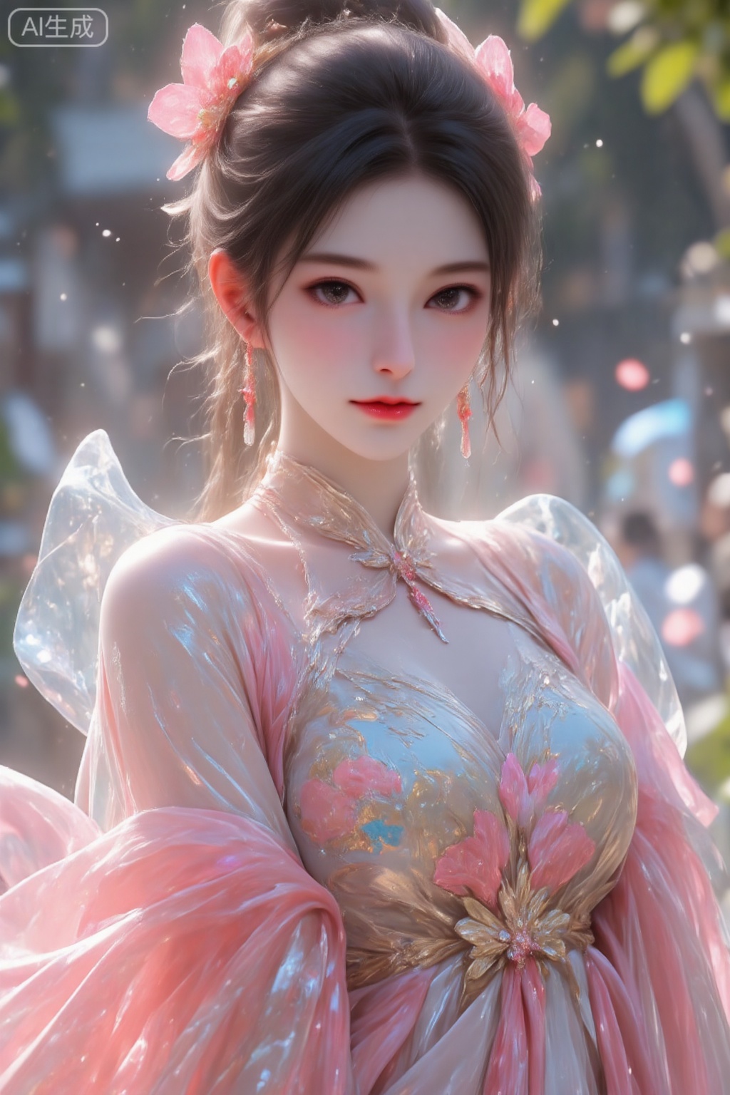 pencilpunk,((caustics:1.3)),(colorful:1.15),(gorgeous light and shadow:1.1),light and shadow,close up,A Chinese beauty dressed in a manzhu sawa flower hanfu,pitiful,stylish and artistic,Fever-Dream,Dark Atmosphere,Zen Atmosphere,16K,hyper quality,((ink)),(water color),bloom effect,detailed beautiful grassland with petal,flower,butterfly,necklace,smile,petal,(((surrounded by heavy floating petal flow))),((moon)),starry sky,(lighting particle),fog,snow,(bloom),