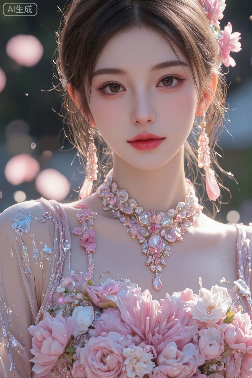 pencilpunk,((caustics:1.3)),(colorful:1.15),(gorgeous light and shadow:1.1),light and shadow,close up,A Chinese beauty dressed in a manzhu sawa flower hanfu,pitiful,stylish and artistic,Fever-Dream,Dark Atmosphere,Zen Atmosphere,16K,hyper quality,((ink)),(water color),bloom effect,detailed beautiful grassland with petal,flower,butterfly,necklace,smile,petal,(((surrounded by heavy floating petal flow))),((moon)),starry sky,(lighting particle),fog,snow,(bloom),