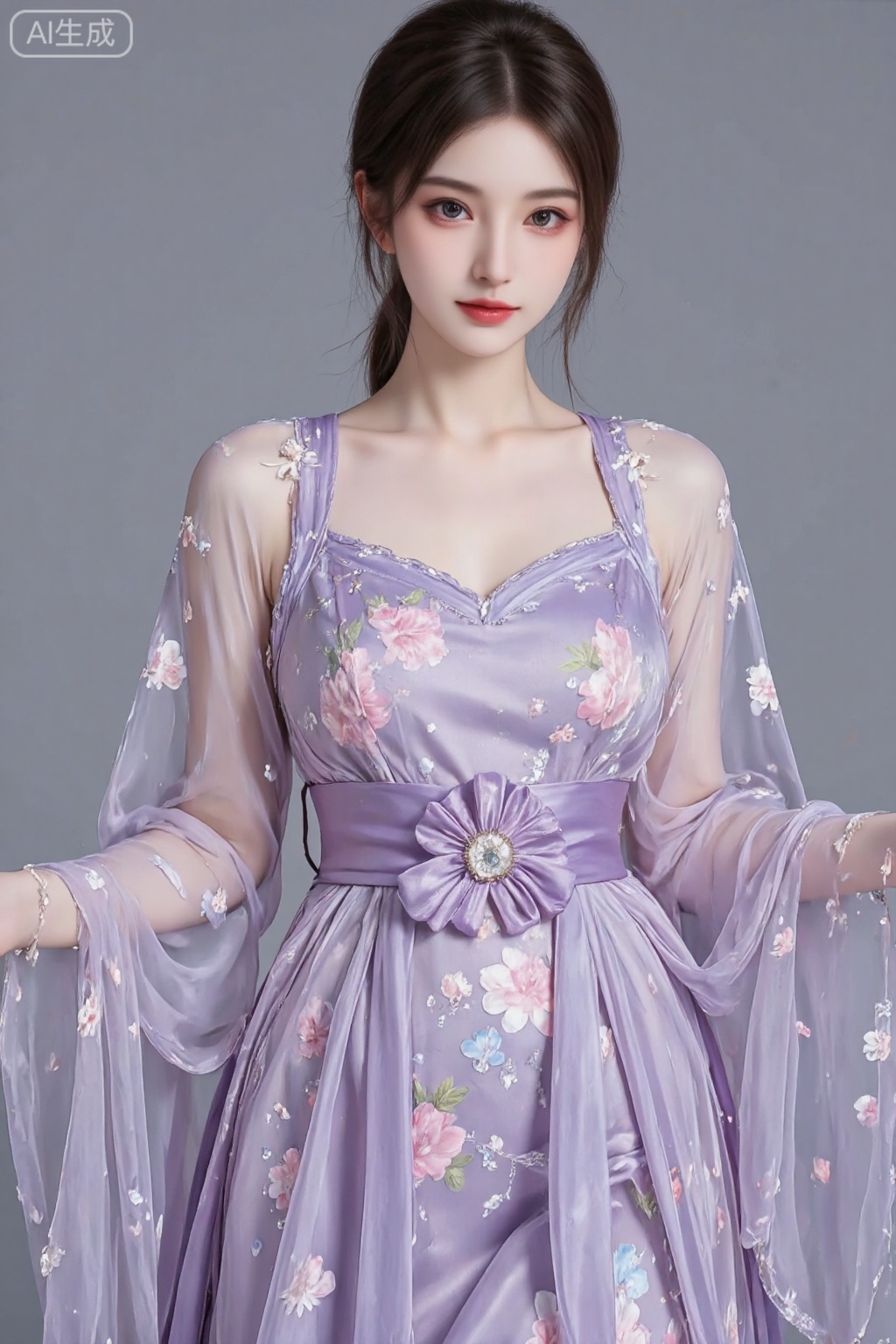 A girl, Beautiful Chinese girl in hanfu, She is dressed in an elaborate purple gown with intricate floral patterns. The dress features sheer sleeves with long, flowing fabric and a matching sheer overlay. Around her waist is a sash, possibly embellished with a flower or gemstone brooch, and the dress has a V-neckline. The overall color palette of the image is dominated by purples and pinks, creating a harmonious and dreamy aesthetic.