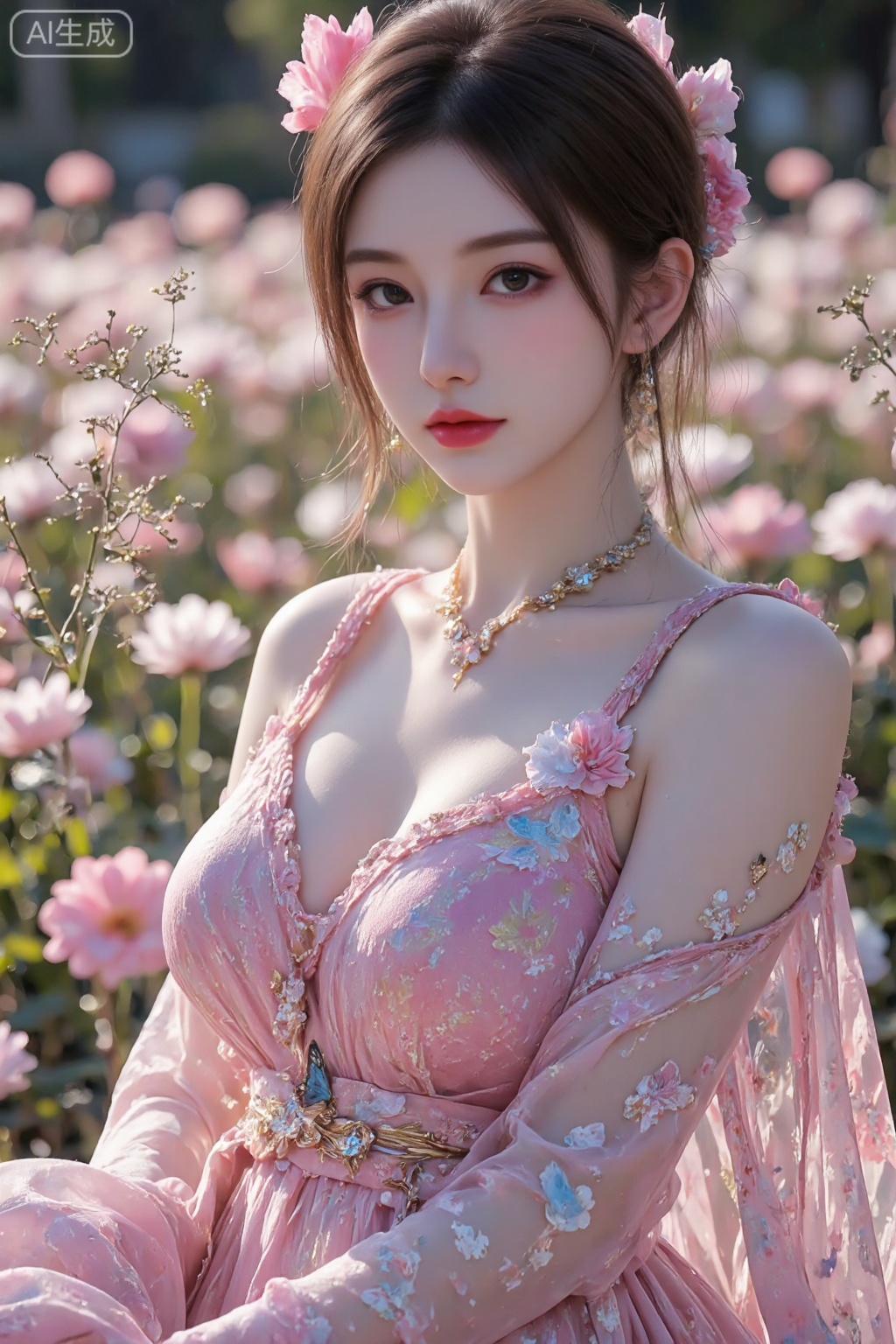 pencilpunk,((caustics:1.3)),(colorful:1.15),(gorgeous light and shadow:1.1),light and shadow,close up,A Chinese beauty dressed in a manzhu sawa flower hanfu,pitiful,stylish and artistic,Fever-Dream,Dark Atmosphere,Zen Atmosphere,16K,hyper quality,((ink)),(water color),bloom effect,detailed beautiful grassland with petal,flower,butterfly,necklace,smile,petal,(((surrounded by heavy floating petal flow))),((moon)),starry sky,(lighting particle),fog,snow,(bloom),