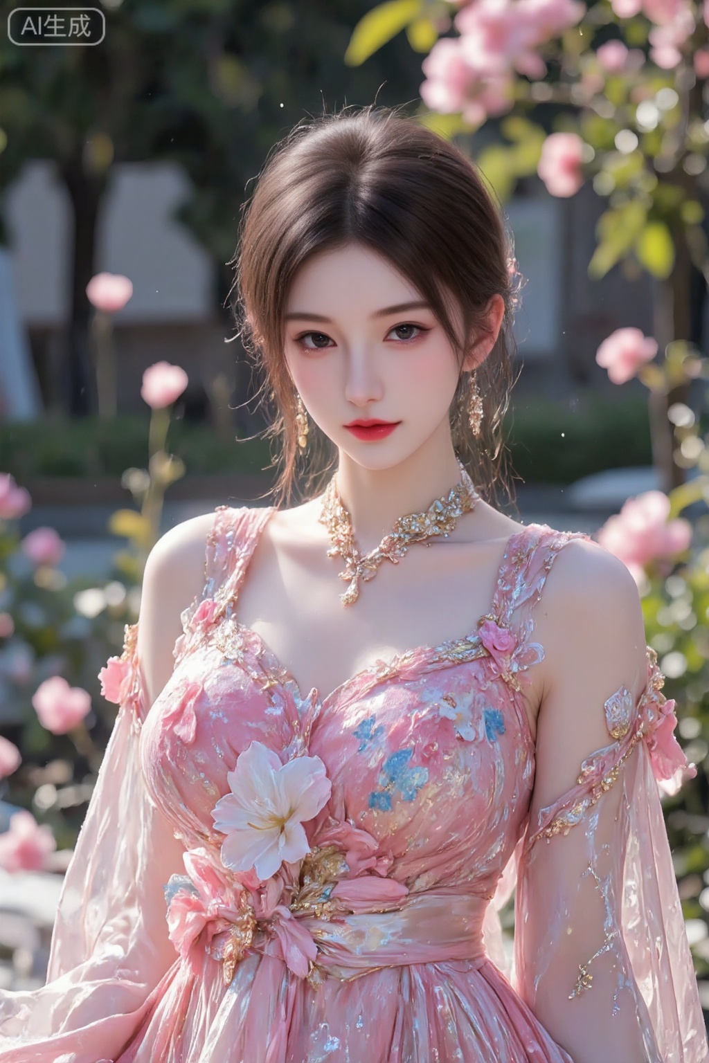 pencilpunk,((caustics:1.3)),(colorful:1.15),(gorgeous light and shadow:1.1),light and shadow,close up,A Chinese beauty dressed in a manzhu sawa flower hanfu,pitiful,stylish and artistic,Fever-Dream,Dark Atmosphere,Zen Atmosphere,16K,hyper quality,((ink)),(water color),bloom effect,detailed beautiful grassland with petal,flower,butterfly,necklace,smile,petal,(((surrounded by heavy floating petal flow))),((moon)),starry sky,(lighting particle),fog,snow,(bloom),