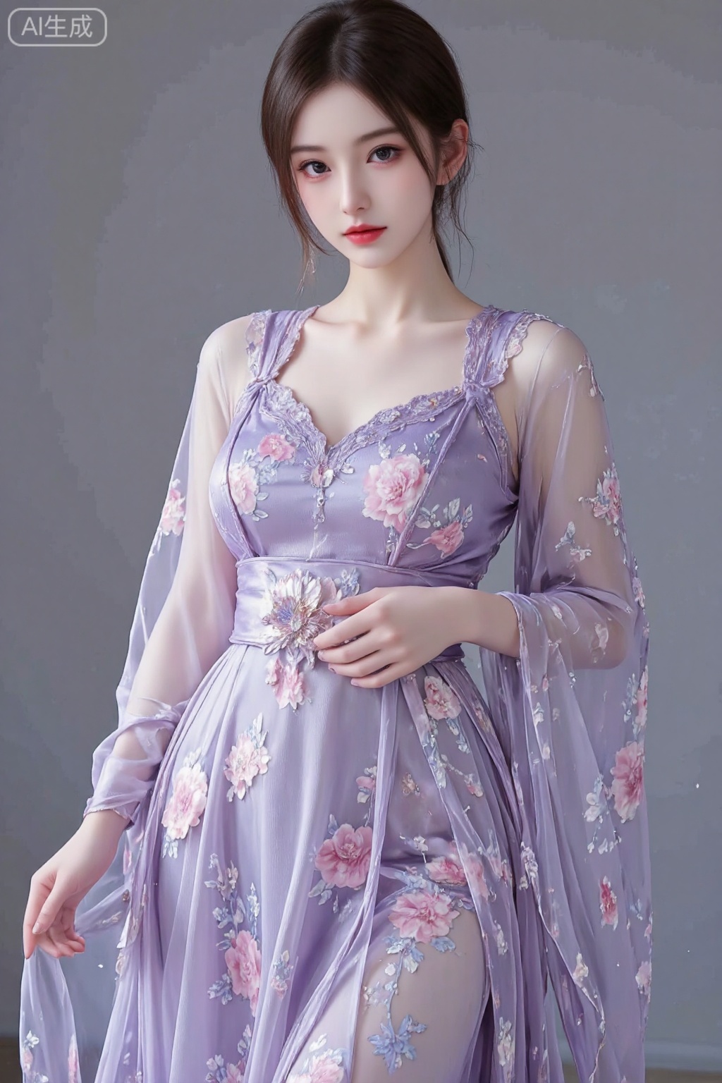 A girl, Beautiful Chinese girl in hanfu, She is dressed in an elaborate purple gown with intricate floral patterns. The dress features sheer sleeves with long, flowing fabric and a matching sheer overlay. Around her waist is a sash, possibly embellished with a flower or gemstone brooch, and the dress has a V-neckline. The overall color palette of the image is dominated by purples and pinks, creating a harmonious and dreamy aesthetic.