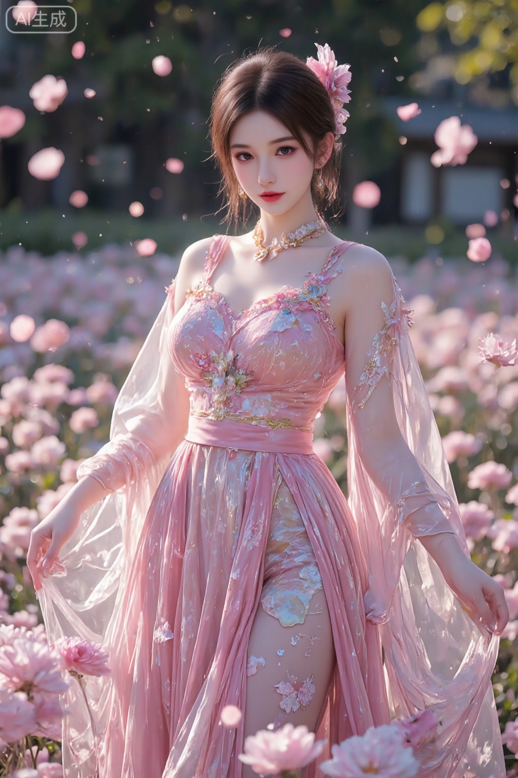 pencilpunk,((caustics:1.3)),(colorful:1.15),(gorgeous light and shadow:1.1),light and shadow,close up,A Chinese beauty dressed in a manzhu sawa flower hanfu,pitiful,stylish and artistic,Fever-Dream,Dark Atmosphere,Zen Atmosphere,16K,hyper quality,((ink)),(water color),bloom effect,detailed beautiful grassland with petal,flower,butterfly,necklace,smile,petal,(((surrounded by heavy floating petal flow))),((moon)),starry sky,(lighting particle),fog,snow,(bloom),