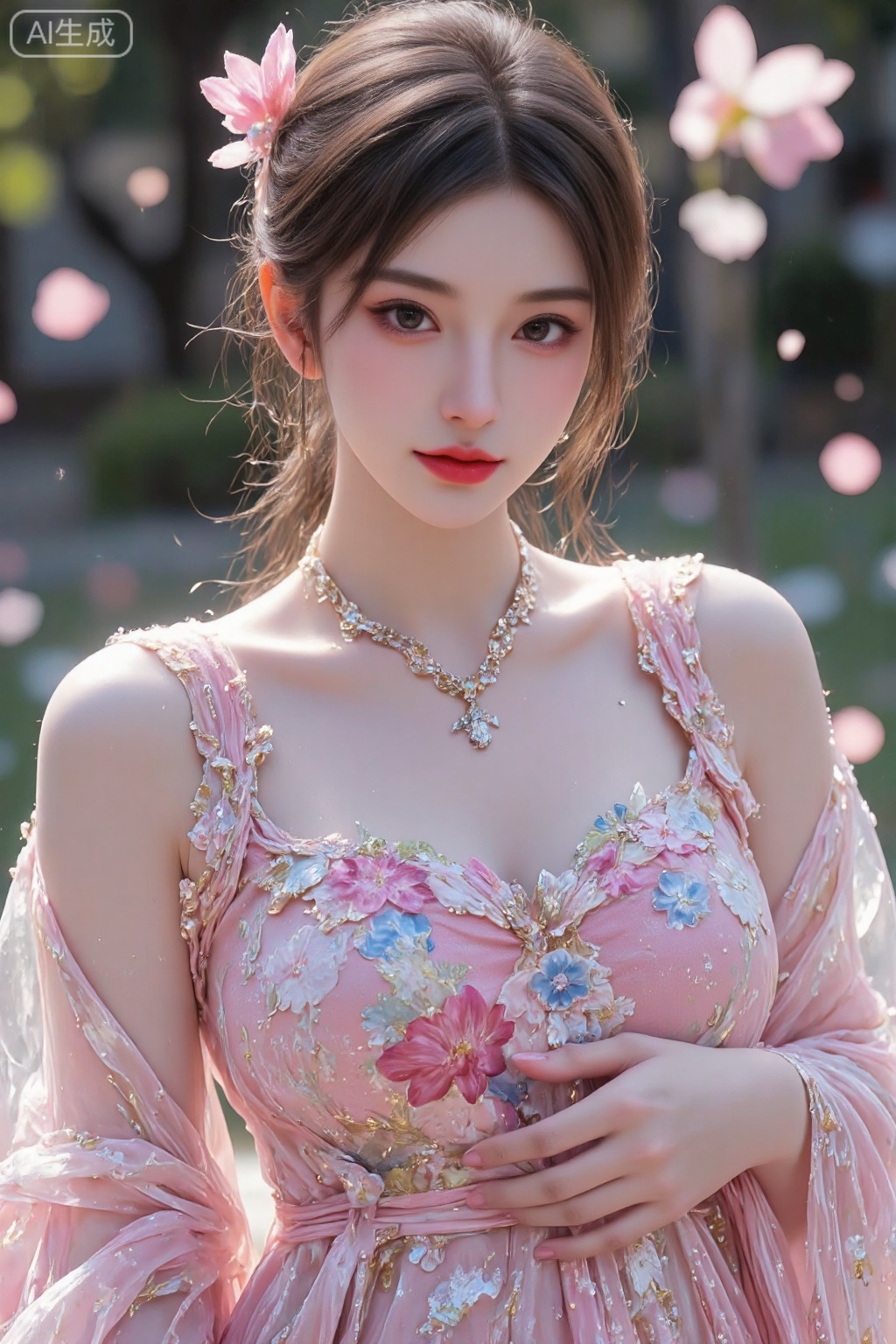 pencilpunk,((caustics:1.3)),(colorful:1.15),(gorgeous light and shadow:1.1),light and shadow,close up,A Chinese beauty dressed in a manzhu sawa flower hanfu,pitiful,stylish and artistic,Fever-Dream,Dark Atmosphere,Zen Atmosphere,16K,hyper quality,((ink)),(water color),bloom effect,detailed beautiful grassland with petal,flower,butterfly,necklace,smile,petal,(((surrounded by heavy floating petal flow))),((moon)),starry sky,(lighting particle),fog,snow,(bloom),