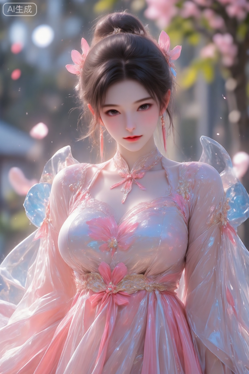 pencilpunk,((caustics:1.3)),(colorful:1.15),(gorgeous light and shadow:1.1),light and shadow,close up,A Chinese beauty dressed in a manzhu sawa flower hanfu,pitiful,stylish and artistic,Fever-Dream,Dark Atmosphere,Zen Atmosphere,16K,hyper quality,((ink)),(water color),bloom effect,detailed beautiful grassland with petal,flower,butterfly,necklace,smile,petal,(((surrounded by heavy floating petal flow))),((moon)),starry sky,(lighting particle),fog,snow,(bloom),