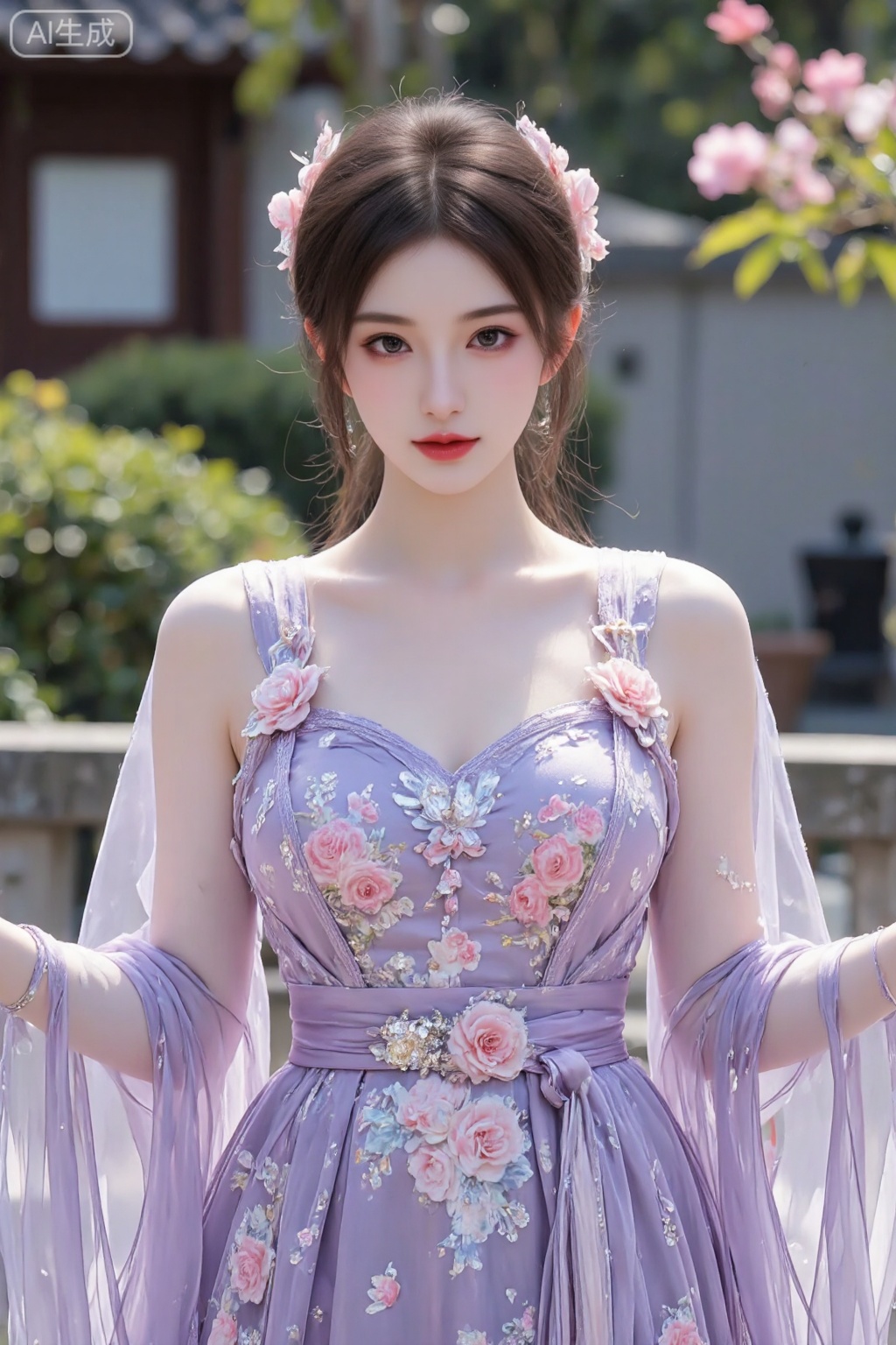 A girl, Beautiful Chinese girl in hanfu, She is dressed in an elaborate purple gown with intricate floral patterns. The dress features sheer sleeves with long, flowing fabric and a matching sheer overlay. Around her waist is a sash, possibly embellished with a flower or gemstone brooch, and the dress has a V-neckline. The overall color palette of the image is dominated by purples and pinks, creating a harmonious and dreamy aesthetic.