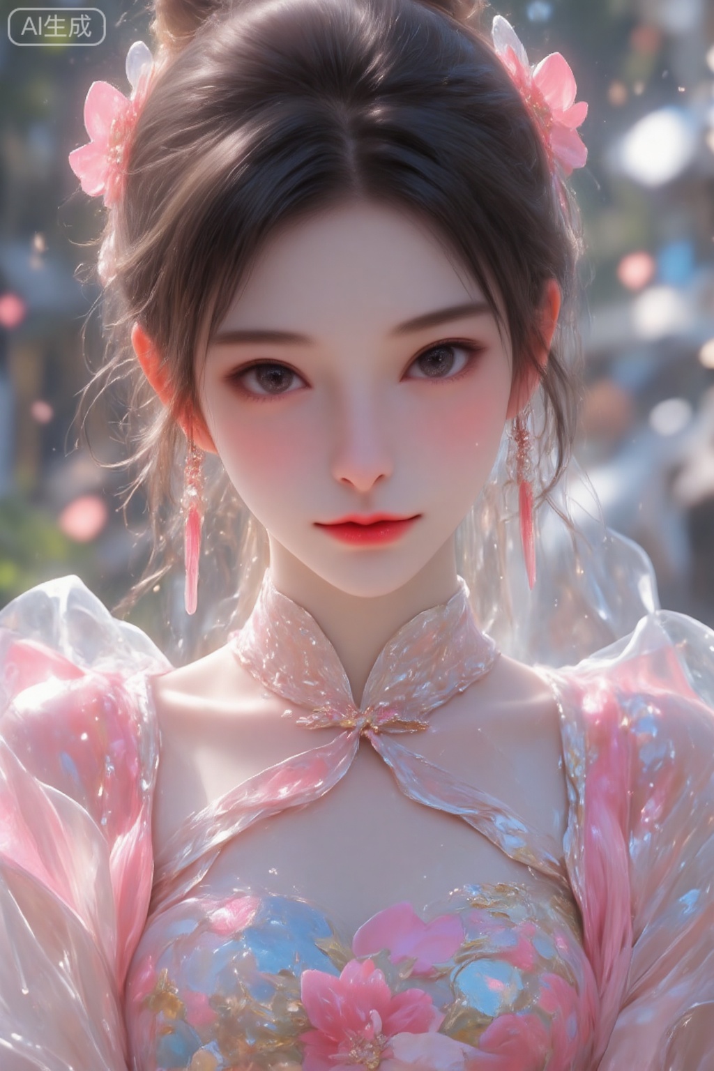pencilpunk,((caustics:1.3)),(colorful:1.15),(gorgeous light and shadow:1.1),light and shadow,close up,A Chinese beauty dressed in a manzhu sawa flower hanfu,pitiful,stylish and artistic,Fever-Dream,Dark Atmosphere,Zen Atmosphere,16K,hyper quality,((ink)),(water color),bloom effect,detailed beautiful grassland with petal,flower,butterfly,necklace,smile,petal,(((surrounded by heavy floating petal flow))),((moon)),starry sky,(lighting particle),fog,snow,(bloom),