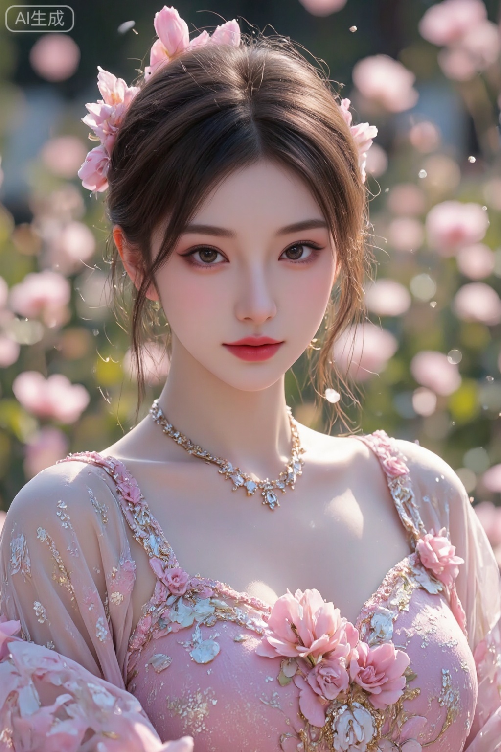 pencilpunk,((caustics:1.3)),(colorful:1.15),(gorgeous light and shadow:1.1),light and shadow,close up,A Chinese beauty dressed in a manzhu sawa flower hanfu,pitiful,stylish and artistic,Fever-Dream,Dark Atmosphere,Zen Atmosphere,16K,hyper quality,((ink)),(water color),bloom effect,detailed beautiful grassland with petal,flower,butterfly,necklace,smile,petal,(((surrounded by heavy floating petal flow))),((moon)),starry sky,(lighting particle),fog,snow,(bloom),