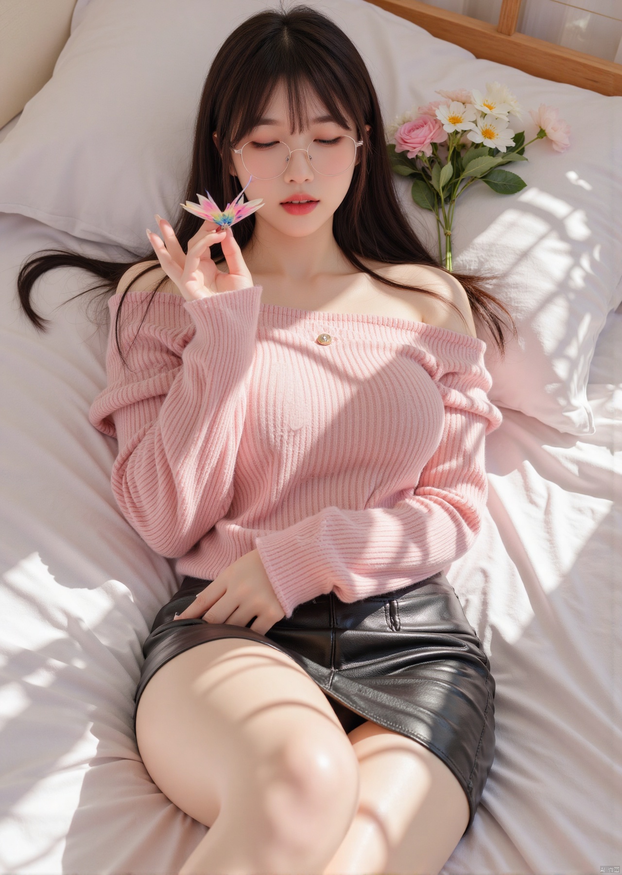 Realistic photo, 1girl, closed eyes, open mouth, glasses, long hair, big breasts, off-shoulder pink sweater, short leather skirt, long legs, full body, lying, bedroom, flowers, dappled sunlight,