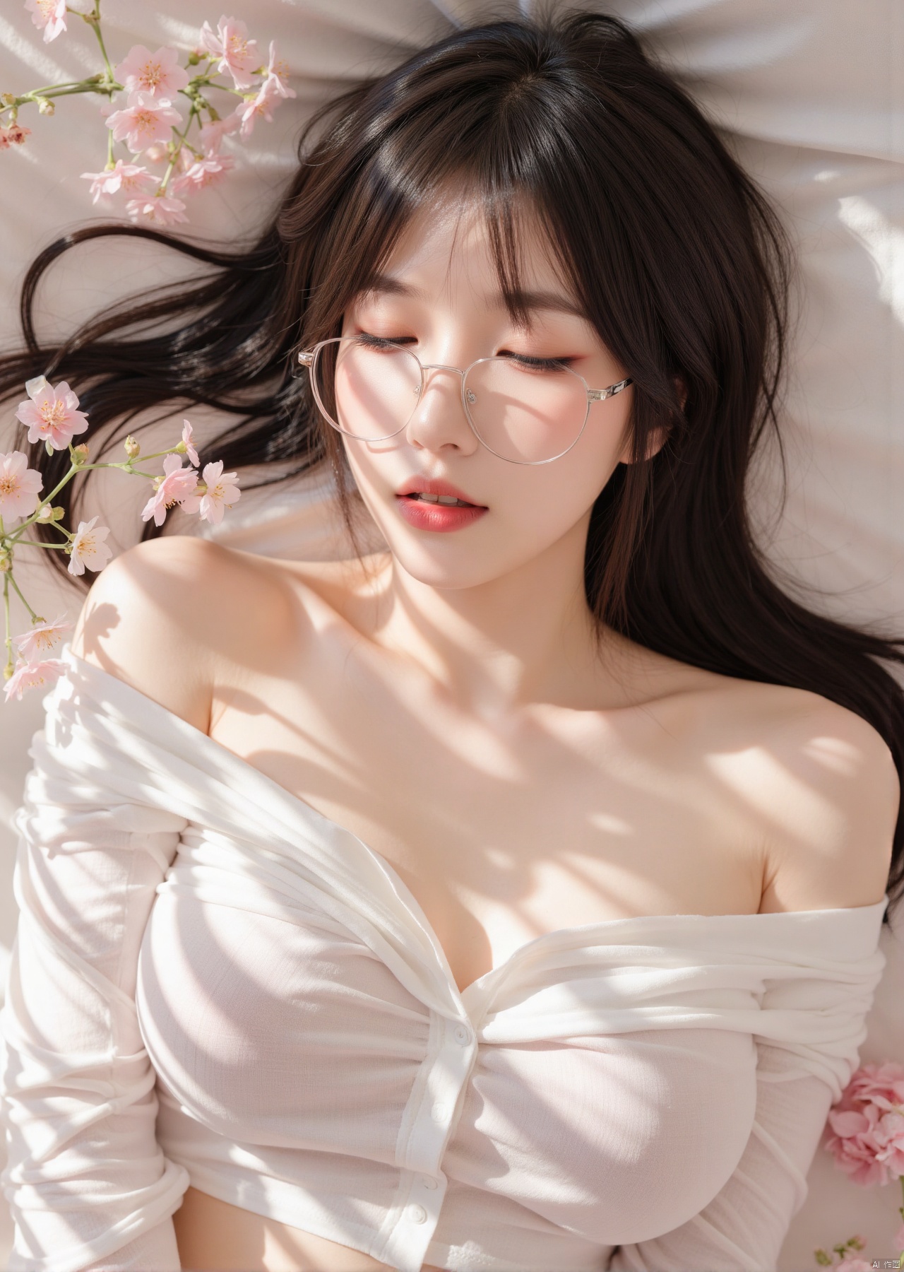 Realistic photo, 1girl, closed eyes, open mouth, glasses, long hair, big breasts, off-shoulder shirt, upper body, lying, bedroom, flowers, dappled sunlight,