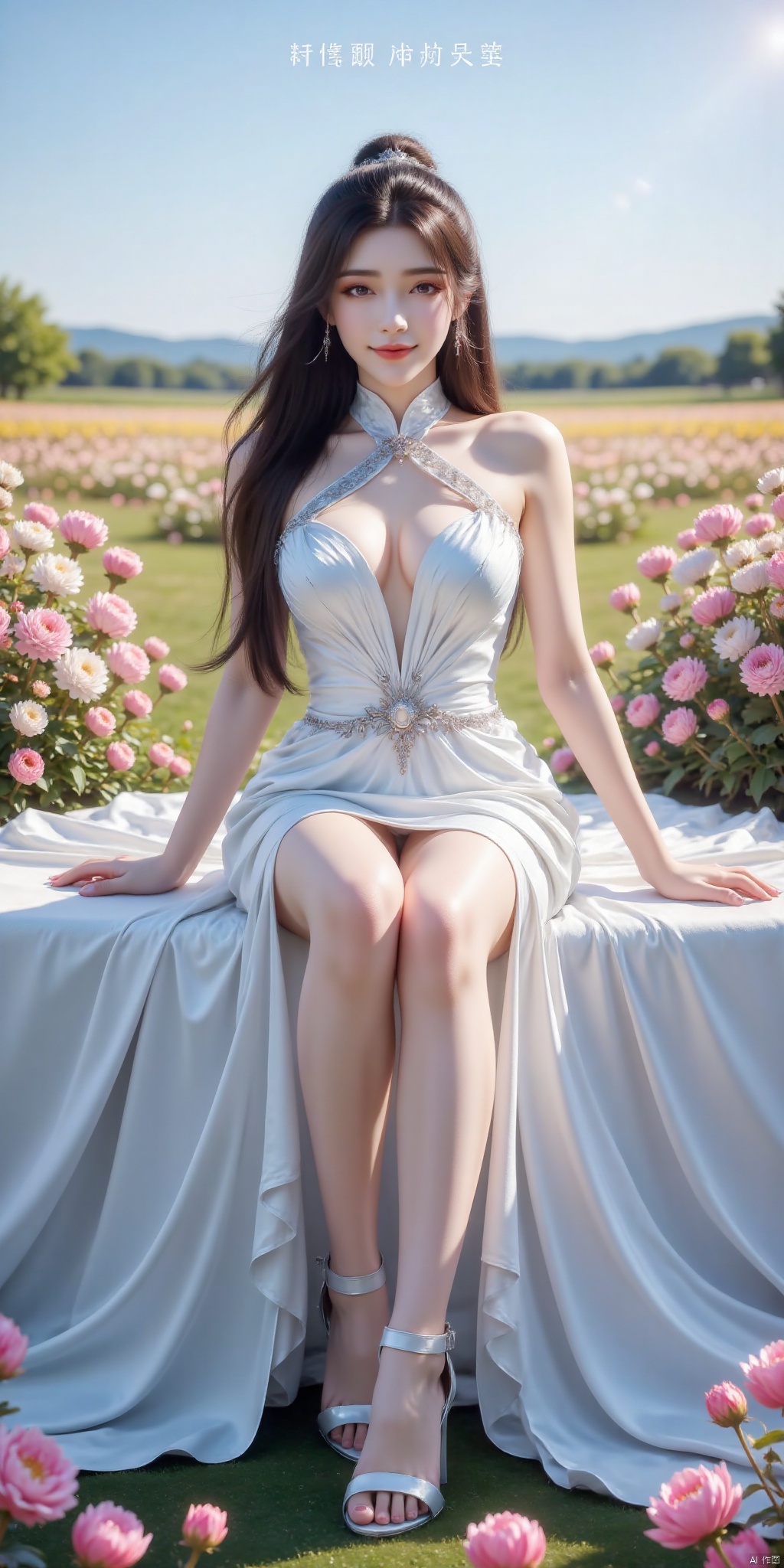 真人肌肤纹理, 4K画质,完美身材,long legs,big_breasts,navel,,(Good structure), DSLR Quality,Depth of field,kind smile,looking_at_viewer,Dynamic pose,, best quality, masterpiece, illustration, (reflection light), incredibly absurdres, ((Movie Poster), (signature:1.3), (English text), 1girl, girl middle of flower, pure sky,clear sky, outside, collarbone, sitting, absurdly long hair, clear boundaries of the cloth, white dress, fantastic scenery, ground of flowers, thousand of flowers, colorful flowers, flowers around her, various flowers,bare shoulders,skirt, sandals,, , weddingdress, ,yuechan,hair bun,hair ornament