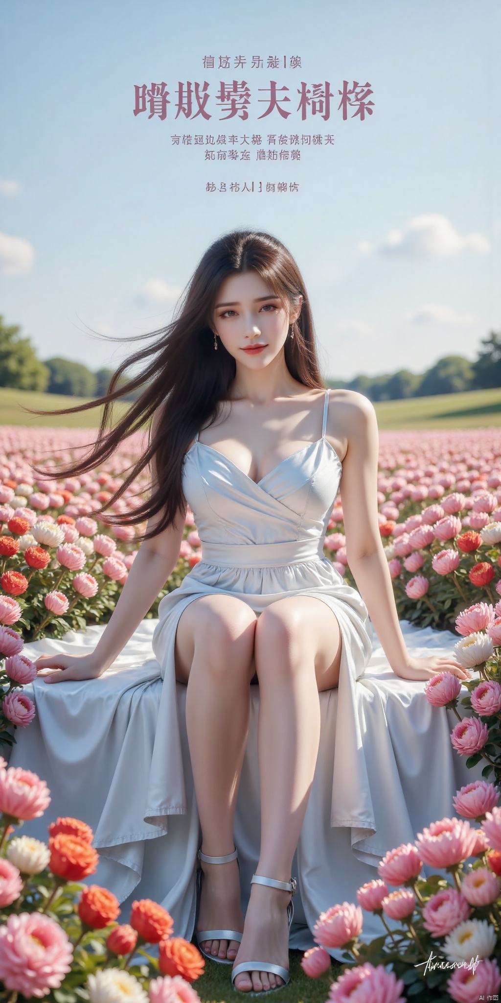 真人肌肤纹理, 4K画质,完美身材,long legs,big_breasts,navel,,(Good structure), DSLR Quality,Depth of field,kind smile,looking_at_viewer,Dynamic pose,, best quality, masterpiece, illustration, (reflection light), incredibly absurdres, ((Movie Poster), (signature:1.3), (English text), 1girl, girl middle of flower, pure sky,clear sky, outside, collarbone, sitting, absurdly long hair, clear boundaries of the cloth, white dress, fantastic scenery, ground of flowers, thousand of flowers, colorful flowers, flowers around her, various flowers,bare shoulders,skirt, sandals,, , weddingdress, ,