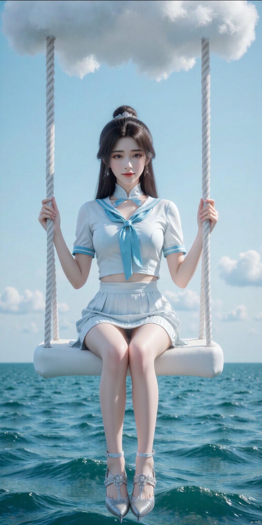 真人肌肤纹理, 4K画质,完美身材,long legs,big_breasts,navel,kind smile,Film texture,kind smile, film and television, surrealism, a girl with a delicate face is sitting on a cloud swing. The girl is wearing a jk sailor uniform, a white short-sleeved shirt, light blue stripes trimming, a light blue tie, white blue pleated skirt, exquisite diamond-encrusted high heels, swing rope The sub is connected to a cloud in the sky, the background is a vast ocean, the water shows a consistent blue-green tone, the sky is also blue-green, blending with the ocean, perfect light and shadow, hyper-realistic photography, sharpening, artistic conception, Consciousness, large areas of blank space, sense of space, haziness, dreams, fog,yuechan,hair bun,hair ornament,longhair