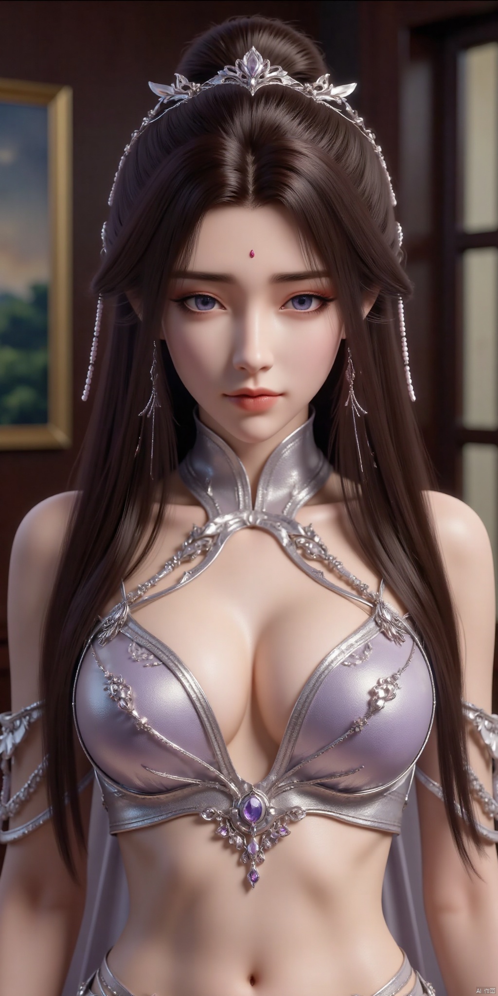 
solo,
long hair,
breasts,
looking at viewer,
blue eyes,
skirt,
brown hair,,
hair ornament,
navel,
bare shoulders,
jewelry,
upper body,
earrings,
midriff,
indoors,
