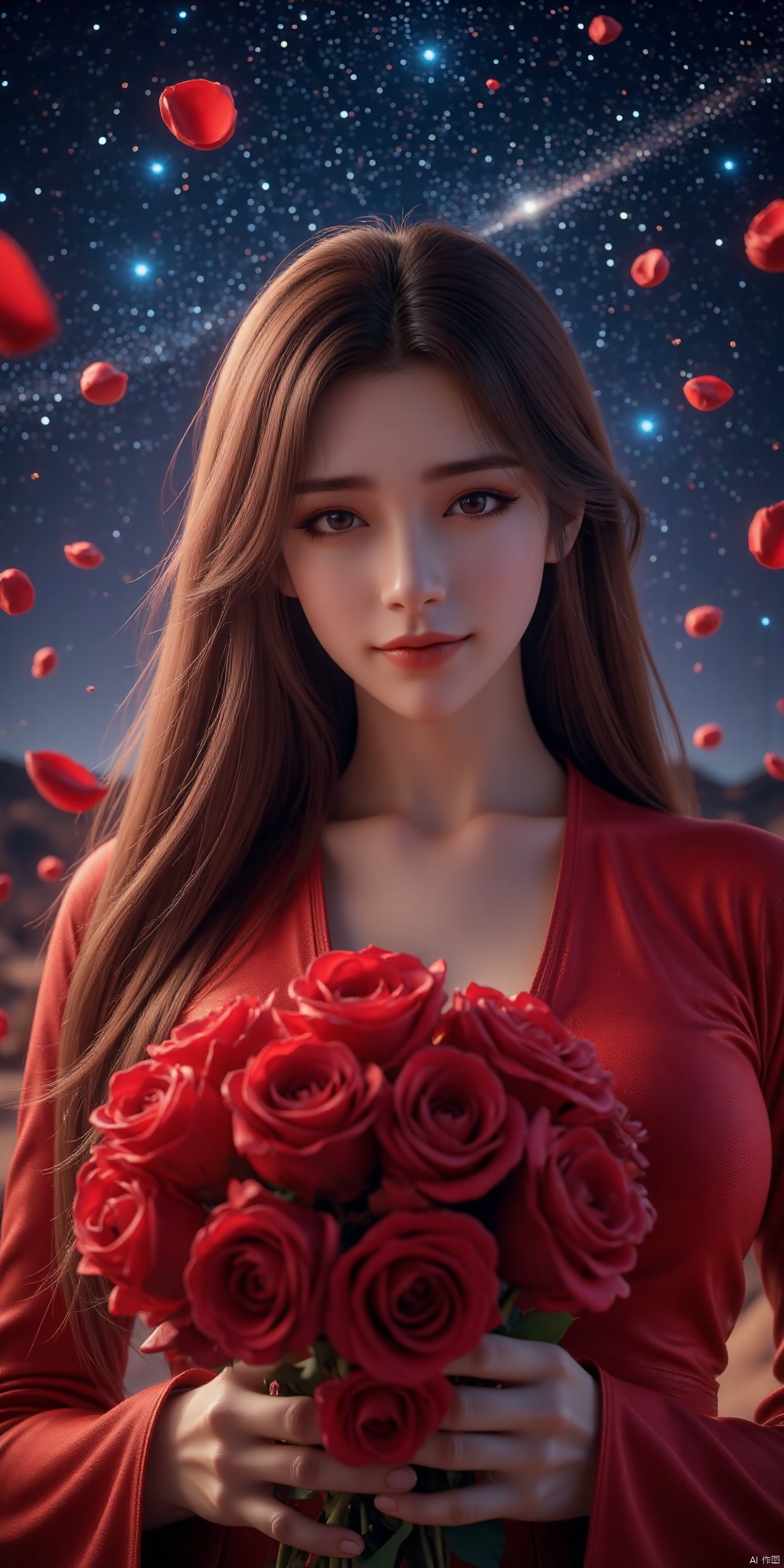   DSLR Quality,Depth of field ,looking_at_viewer,Dynamic pose, , kind smile,1girl , 8k resolution, Masterpiece quality, High detail. from below, Fantasy theme, cropped. {(1 girl:1.5),(close to viewer:1.8), ((looking at viewer:2), beautiful face, ), ((worm's eye shot:1.2)),perspective distortion}, (Panoramic view, fisheye lens effect:1.1). {(Strong backlighting, underexposure:1.4), (blocked shadows:0.8), depth of field(at 100mm focal length:1.2)}, (horizon:0.7), low key earth. the starry sky feathering into the background, creating a sense of depth and gradient. Incorporating Droste Effect(an endless repetition and reflection:1.2). Surrounded by fluttering rose petals, reflected or casting dramatic shadows and highlights, {(meteor shower, planets:1.1), (Vermilion Comet:1.3)}. mesmerizing effect, a dreamlike ambiance of infinity. A vortex of rose petals, a starry sky vortex, , as, vortex, tyjf,