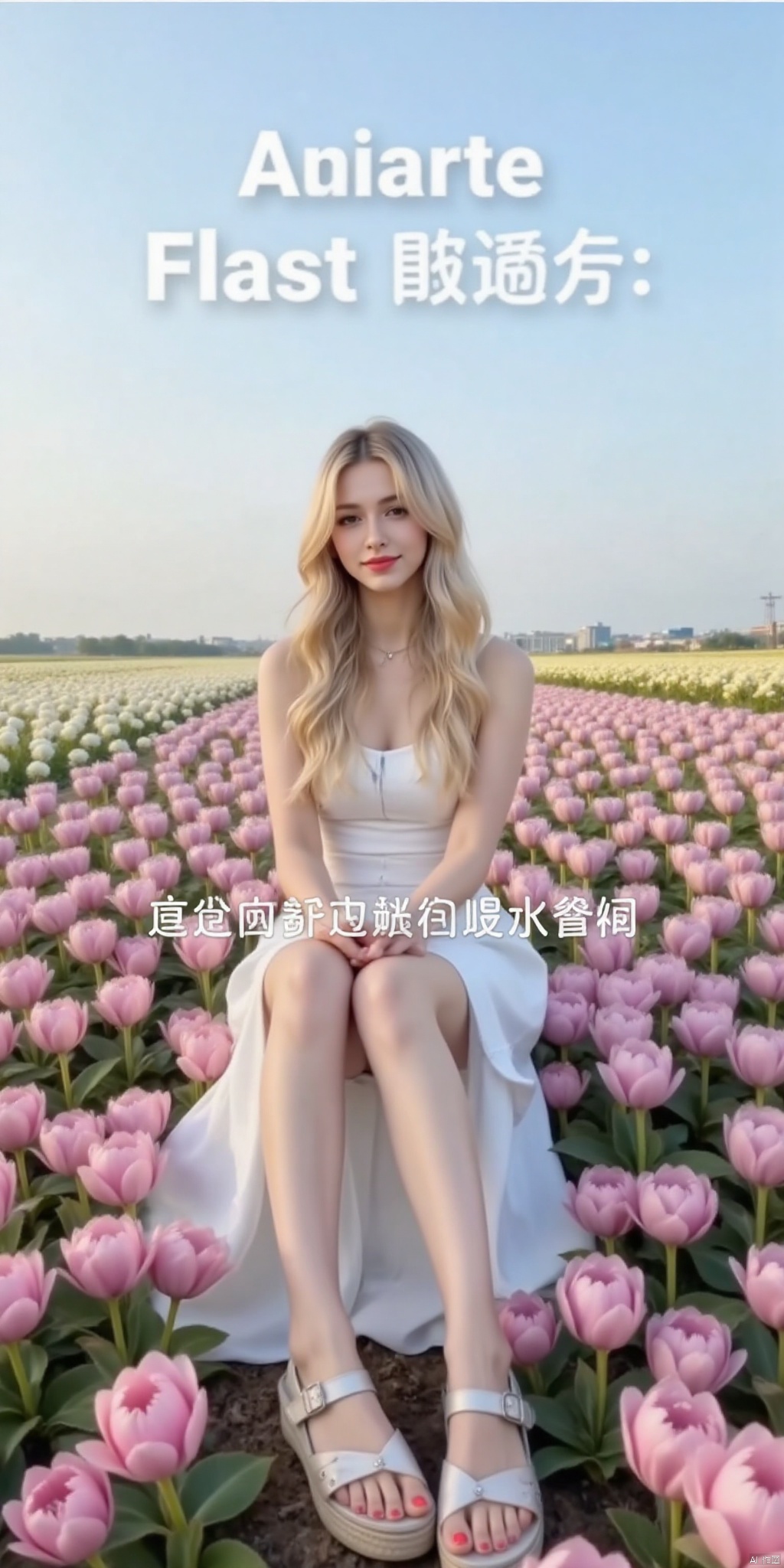 真人肌肤纹理, 4K画质,完美身材,long legs,big_breasts,navel,,(Good structure), DSLR Quality,Depth of field,kind smile,looking_at_viewer,Dynamic pose,, best quality, masterpiece, illustration, (reflection light), incredibly absurdres, ((Movie Poster), (signature:1.3), (English text), 1girl, girl middle of flower, pure sky,clear sky, outside, collarbone, sitting, absurdly long hair, clear boundaries of the cloth, white dress, fantastic scenery, ground of flowers, thousand of flowers, colorful flowers, flowers around her, various flowers,bare shoulders,skirt, sandals,, , weddingdress, ,yangwawa,blonde hair