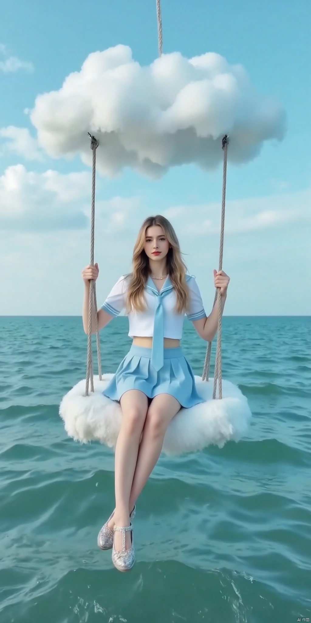 真人肌肤纹理, 4K画质,完美身材,long legs,big_breasts,navel,,Film texture,, film and television, surrealism, a girl with a delicate face is sitting on a cloud swing. The girl is wearing a jk sailor uniform, a white short-sleeved shirt, light blue stripes trimming, a light blue tie, white blue pleated skirt, exquisite diamond-encrusted high heels, swing rope The sub is connected to a cloud in the sky, the background is a vast ocean, the water shows a consistent blue-green tone, the sky is also blue-green, blending with the ocean, perfect light and shadow, hyper-realistic photography, sharpening, artistic conception, Consciousness, large areas of blank space, sense of space, haziness, dreams, fog,