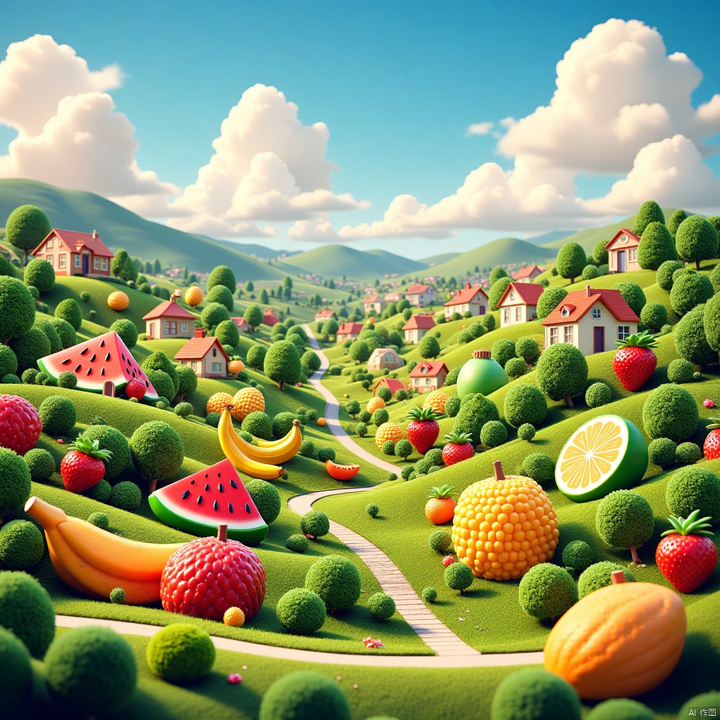 乡村, An idyllic countryside vista with undulating hills and quaint farmhouses, in the style of poster art, hyper-detailed, richly colored skies, colorful, Oil painting, cozyanimationscenes,illustration,uncleview,彩色转转,雪景, guohua,Fruit City