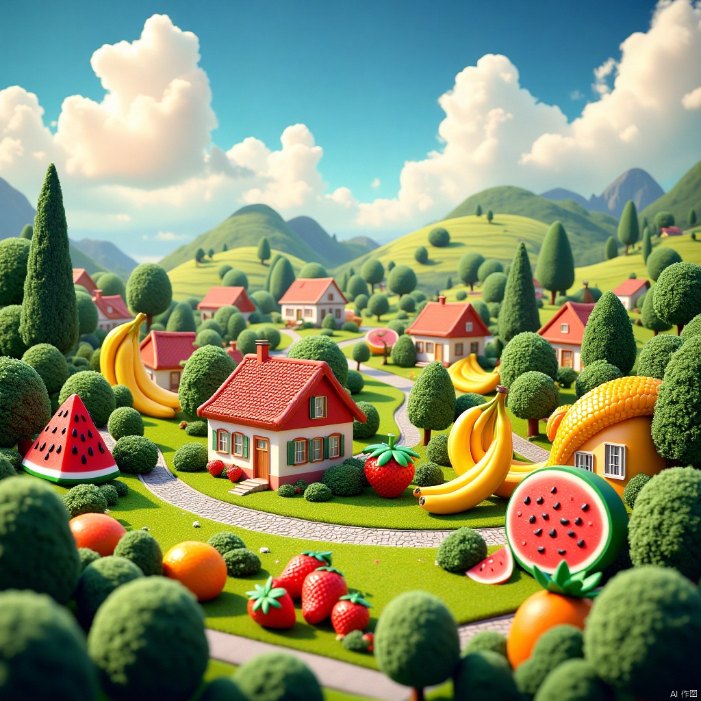 乡村, An idyllic countryside vista with undulating hills and quaint farmhouses, in the style of poster art, hyper-detailed, richly colored skies, colorful, Oil painting, cozyanimationscenes,illustration,uncleview,彩色转转,雪景, guohua,Fruit City