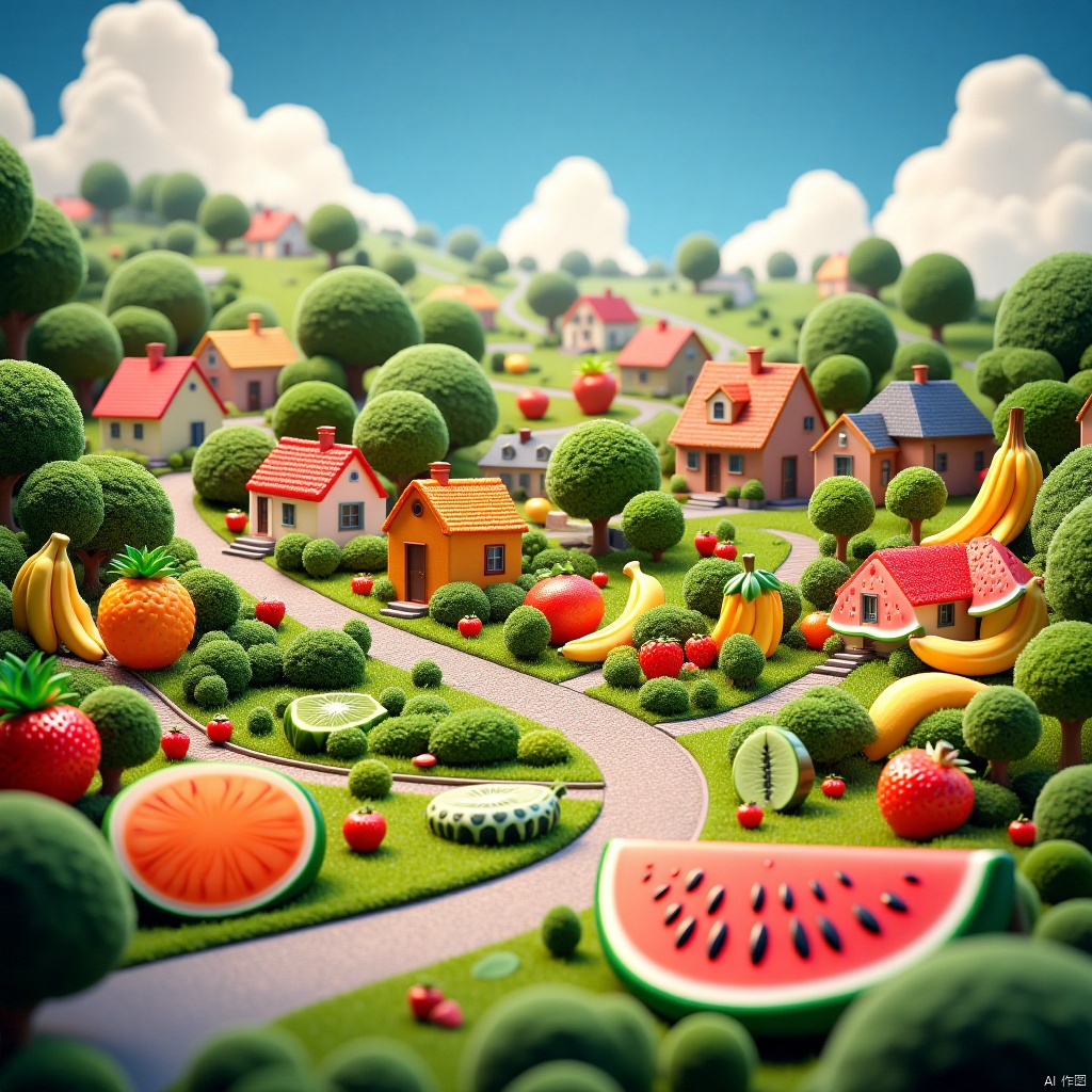 乡村, An idyllic countryside vista with undulating hills and quaint farmhouses, in the style of poster art, hyper-detailed, richly colored skies, colorful, Oil painting, cozyanimationscenes,illustration,uncleview,彩色转转,雪景, guohua,Fruit City