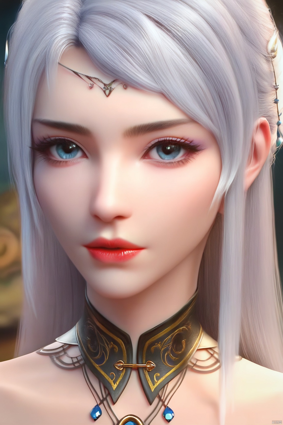 score_9, score_8_up, score_7_up,highly detailed digital,1girl, solo, long hair, looking at viewer, blue eyes, bare shoulders, jewelry, closed mouth, upper body, white hair, choker, necklace, lips, book, makeup, detached collar,red lips