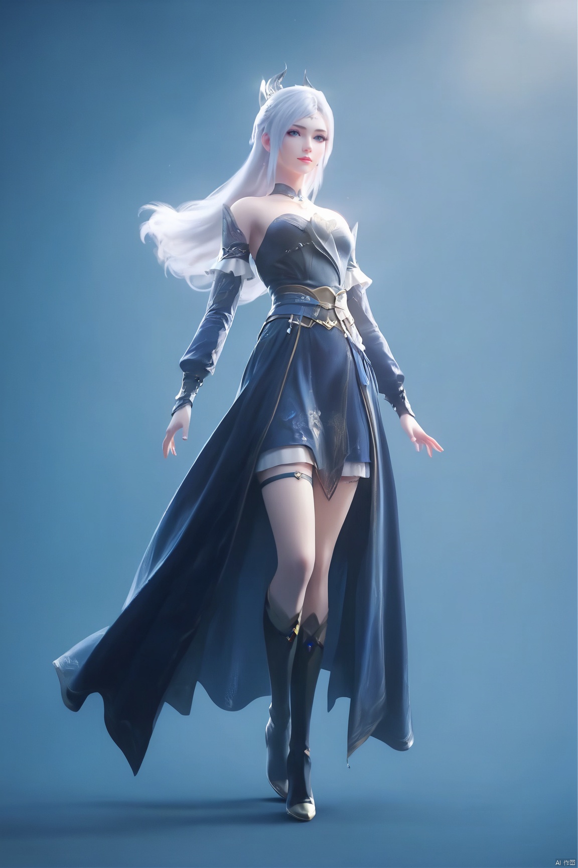 score_9, score_8_up, score_7_up,highly detailed digital,1girl, solo, long hair, dress, bare shoulders, standing, full body, white hair, boots, detached sleeves, 