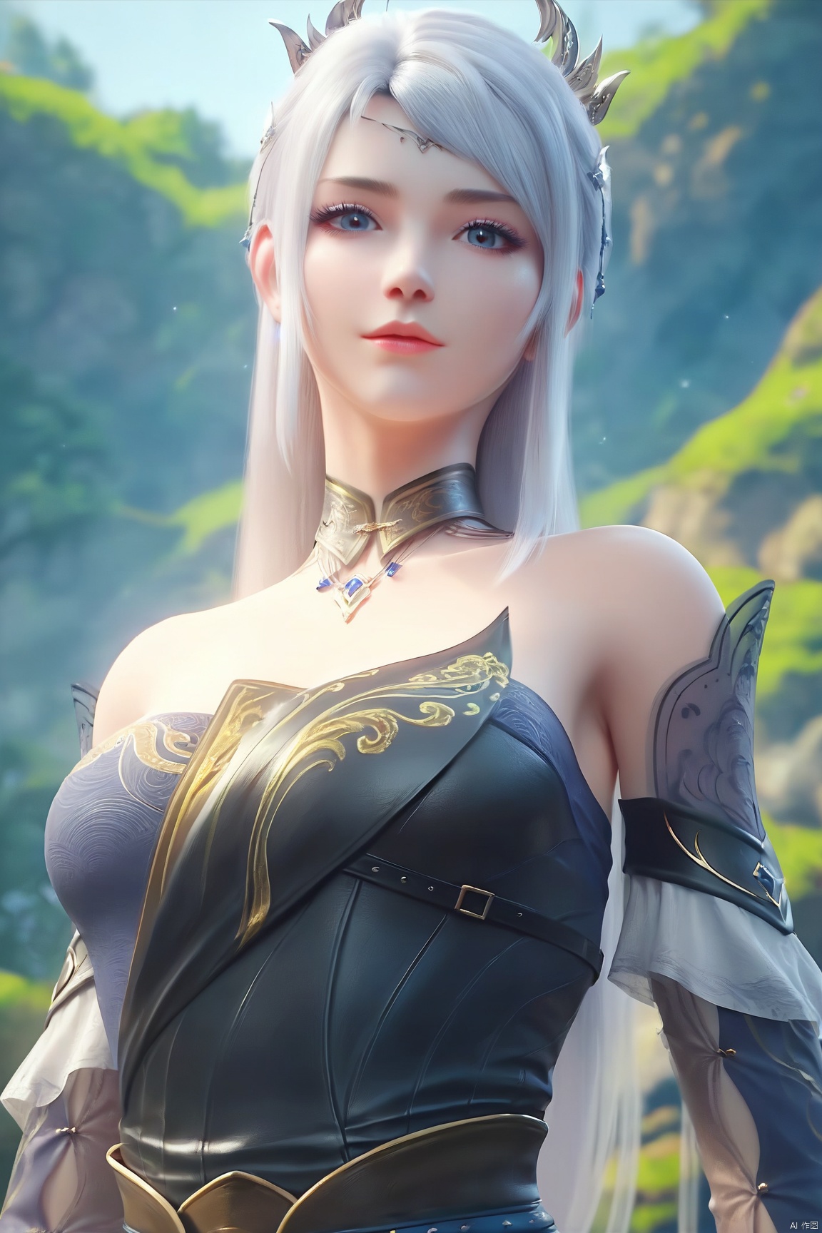 score_9, score_8_up, score_7_up,highly detailed digital,1girl, solo, long hair, breasts, looking at viewer, hair ornament, dress, bare shoulders, upper body, white hair, detached sleeves