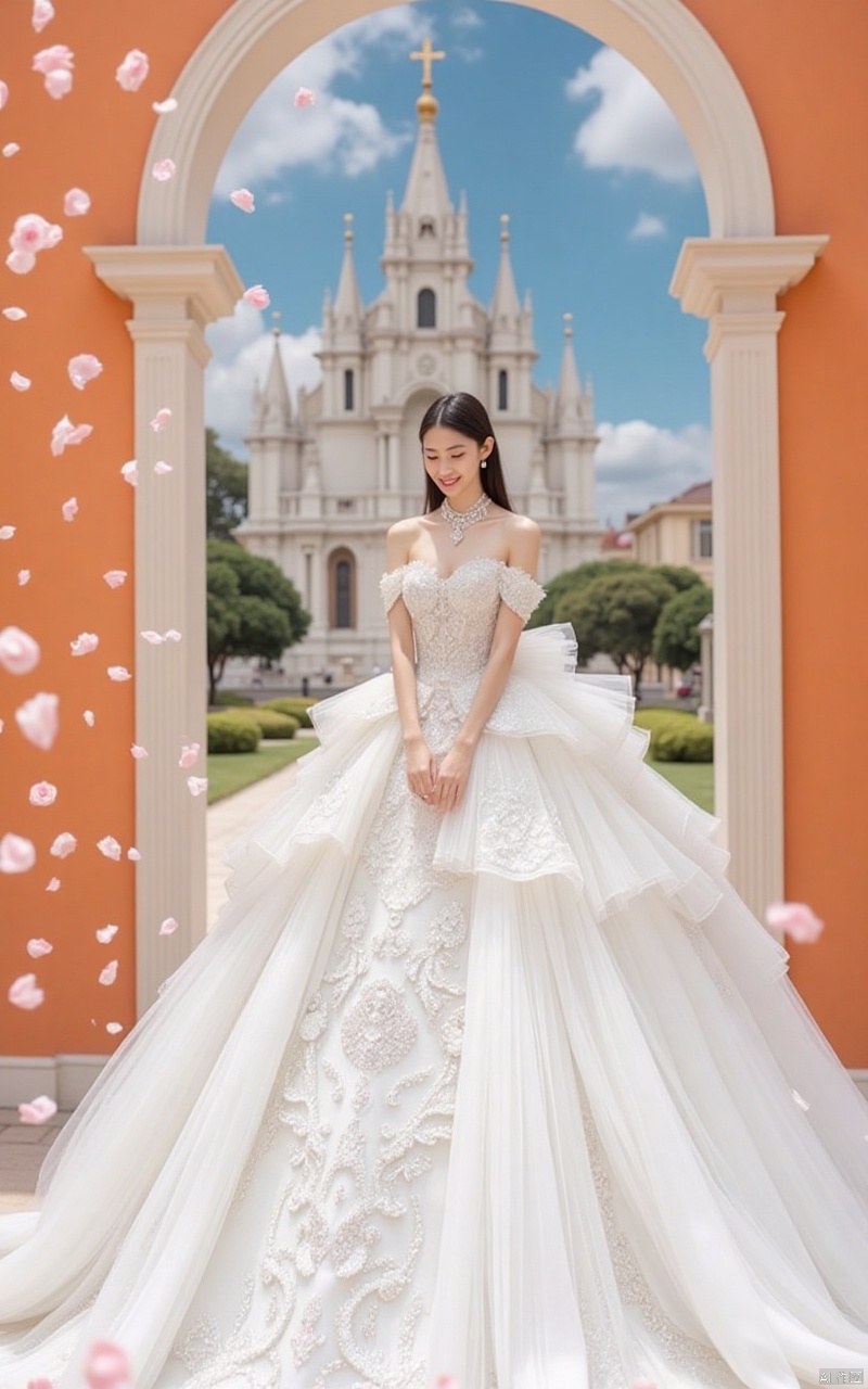hunsha,a woman is dressed in a white strapless gown adorned with a beaded necklace and earrings. Her hair is styled in a sleek bob,adding a touch of beauty to the scene. Her dress is adorned with white beads and sequins,creating a stunning contrast to her white gown. The backdrop is a vibrant orange wall,in front of a glorious cathedral,blue sky and white clouds,a large number of rose petals flying in the air the left side of the frame,